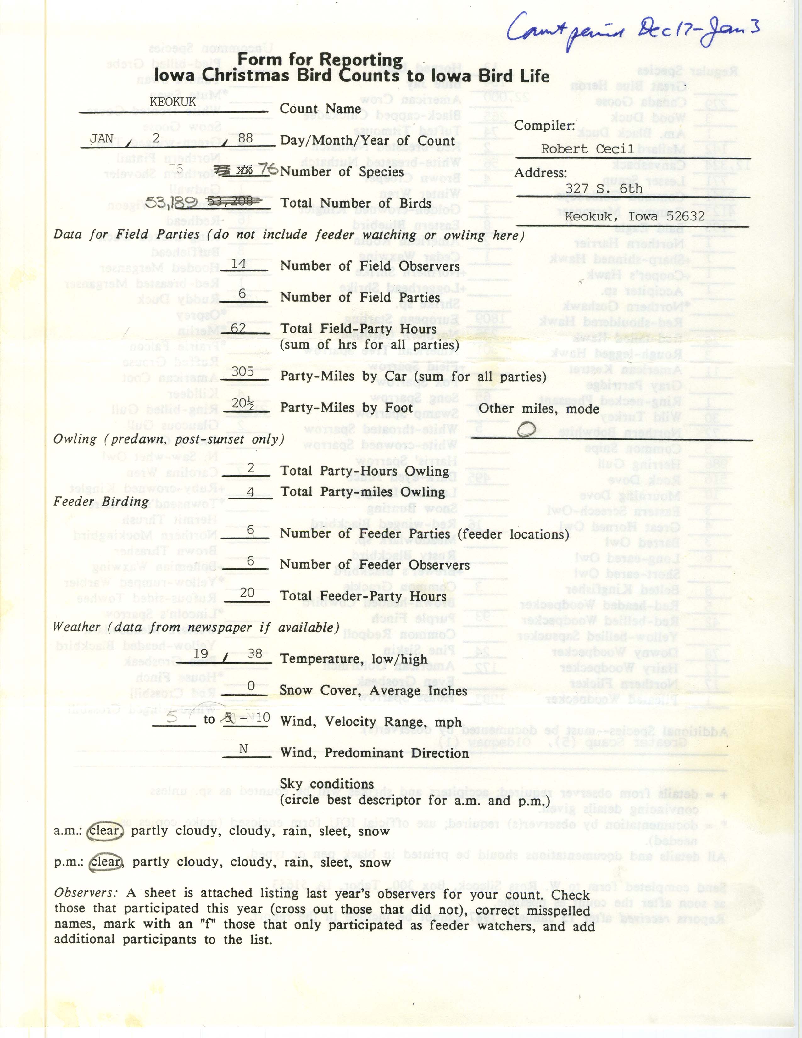Form for reporting Iowa Christmas bird counts to Iowa Bird Life, Robert I. Cecil, January 2, 1988