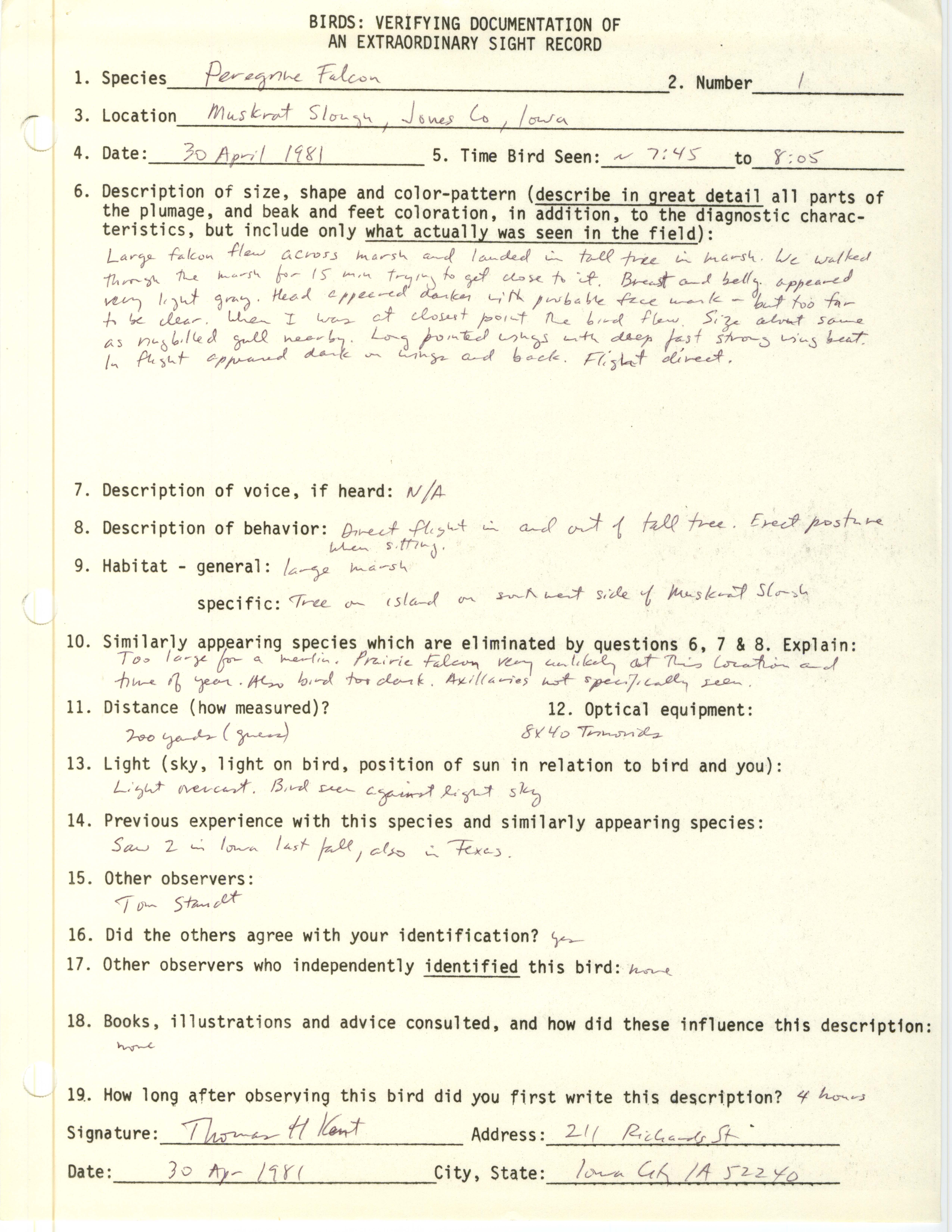 Birds: verifying documentation of an extraordinary sight record submitted by Thomas H. Kent, April 30 1981