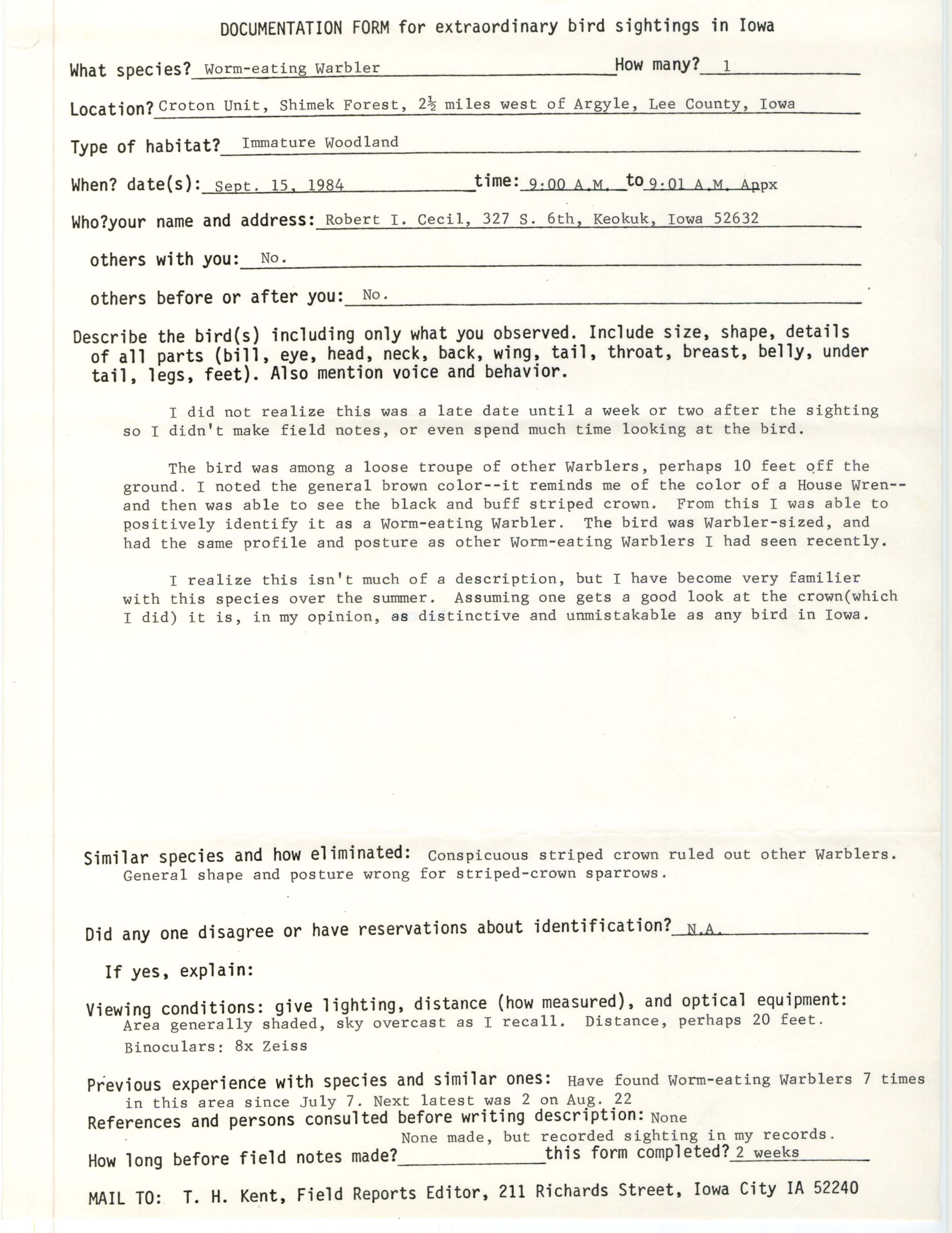 Rare bird documentation form for Worm-eating Warbler at the Croton Unit of Shimek State Forest, 1984