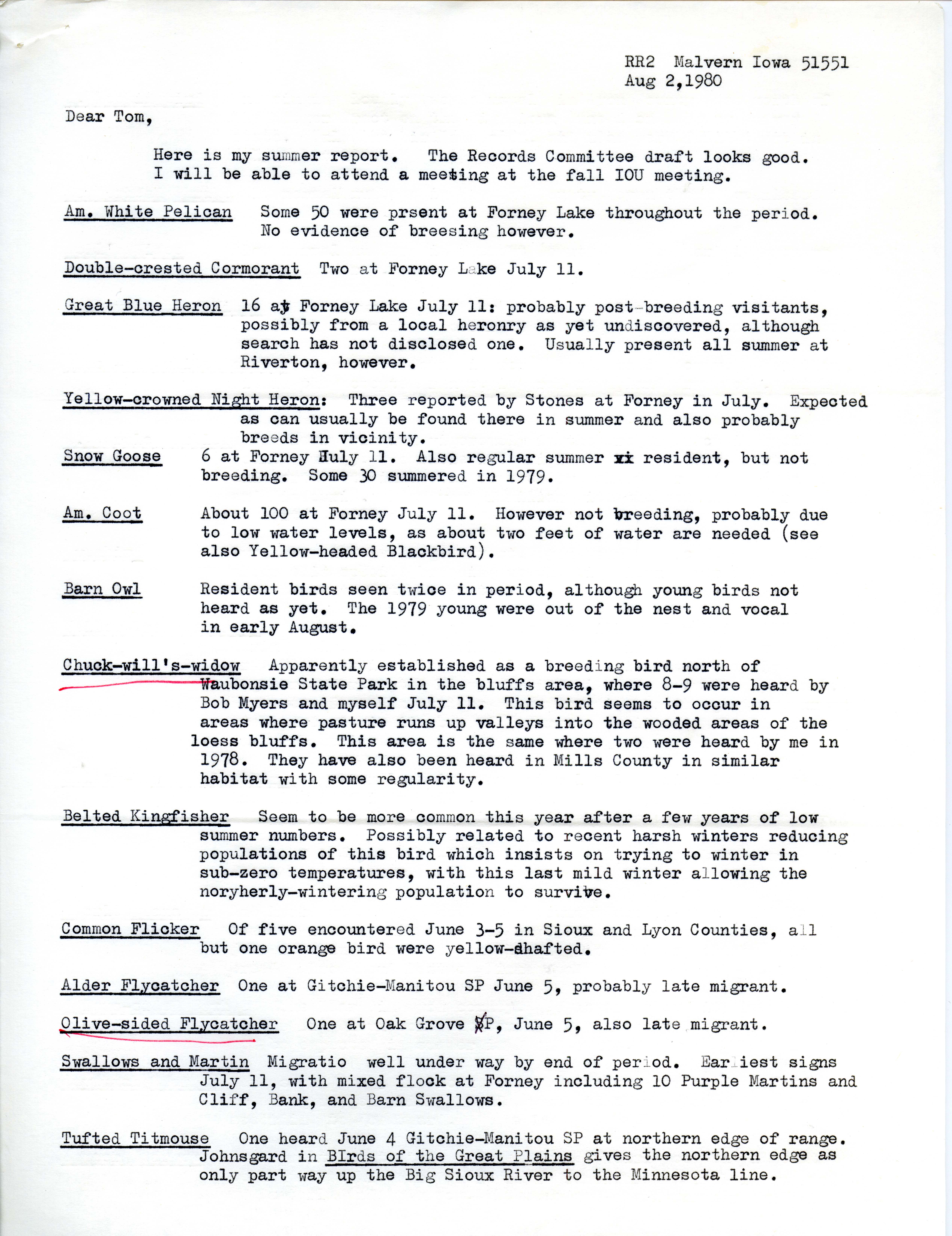 W. Ross Silcock letter to Thomas H. Kent regarding bird sightings, August 2, 1980
