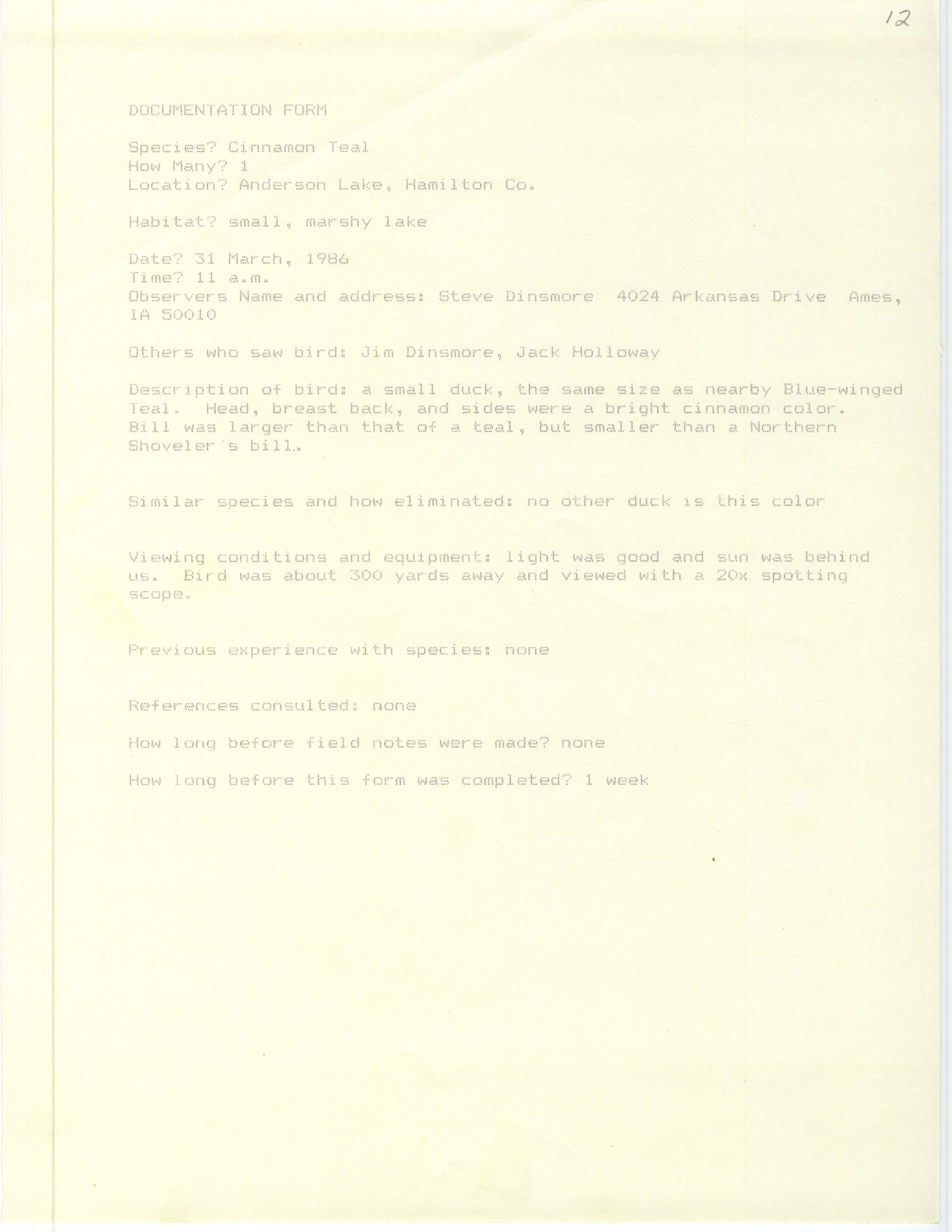 Rare bird documentation form for Cinnamon Teal at Anderson Lake in 1986
