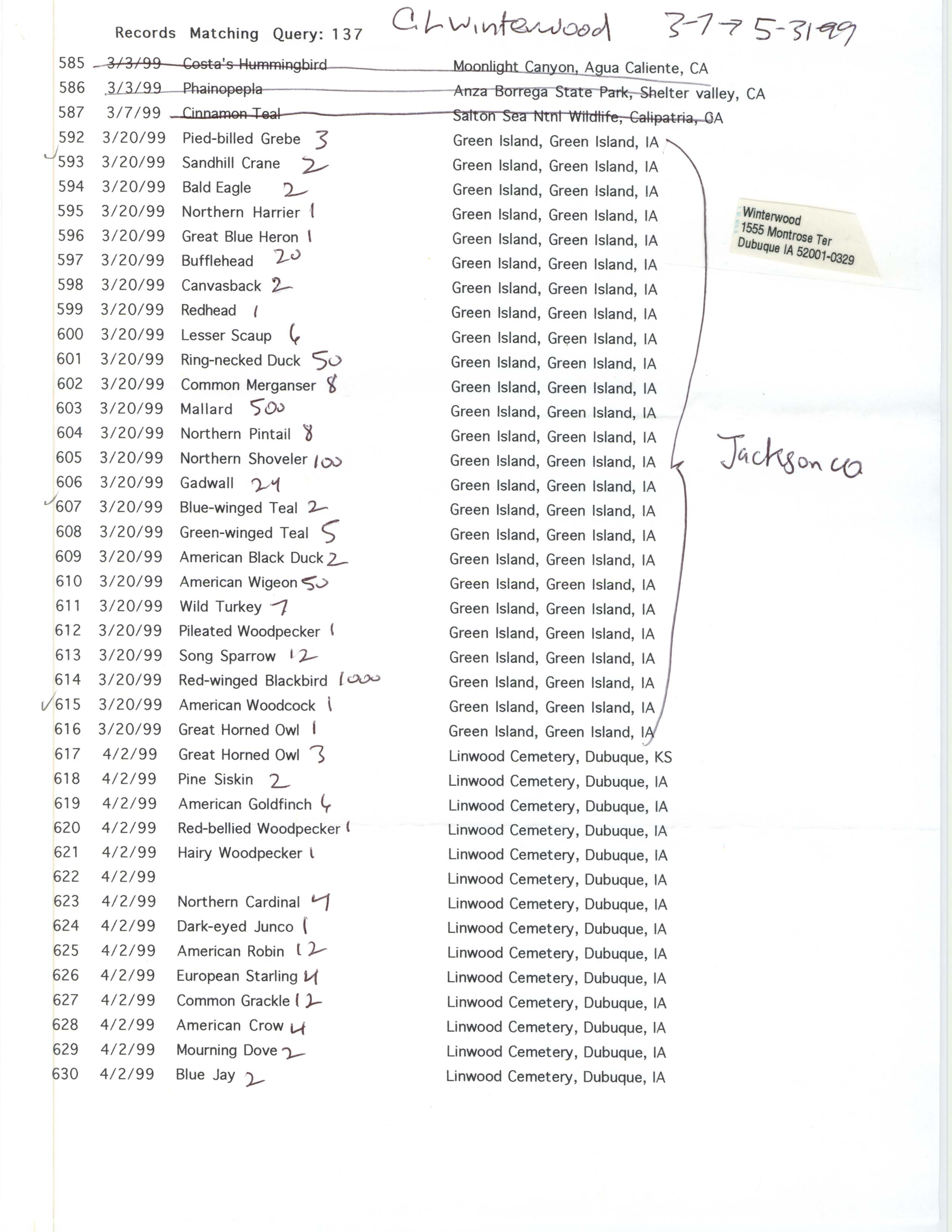 Annotated bird sighting list for spring 1999 compiled by Charles Winterwood