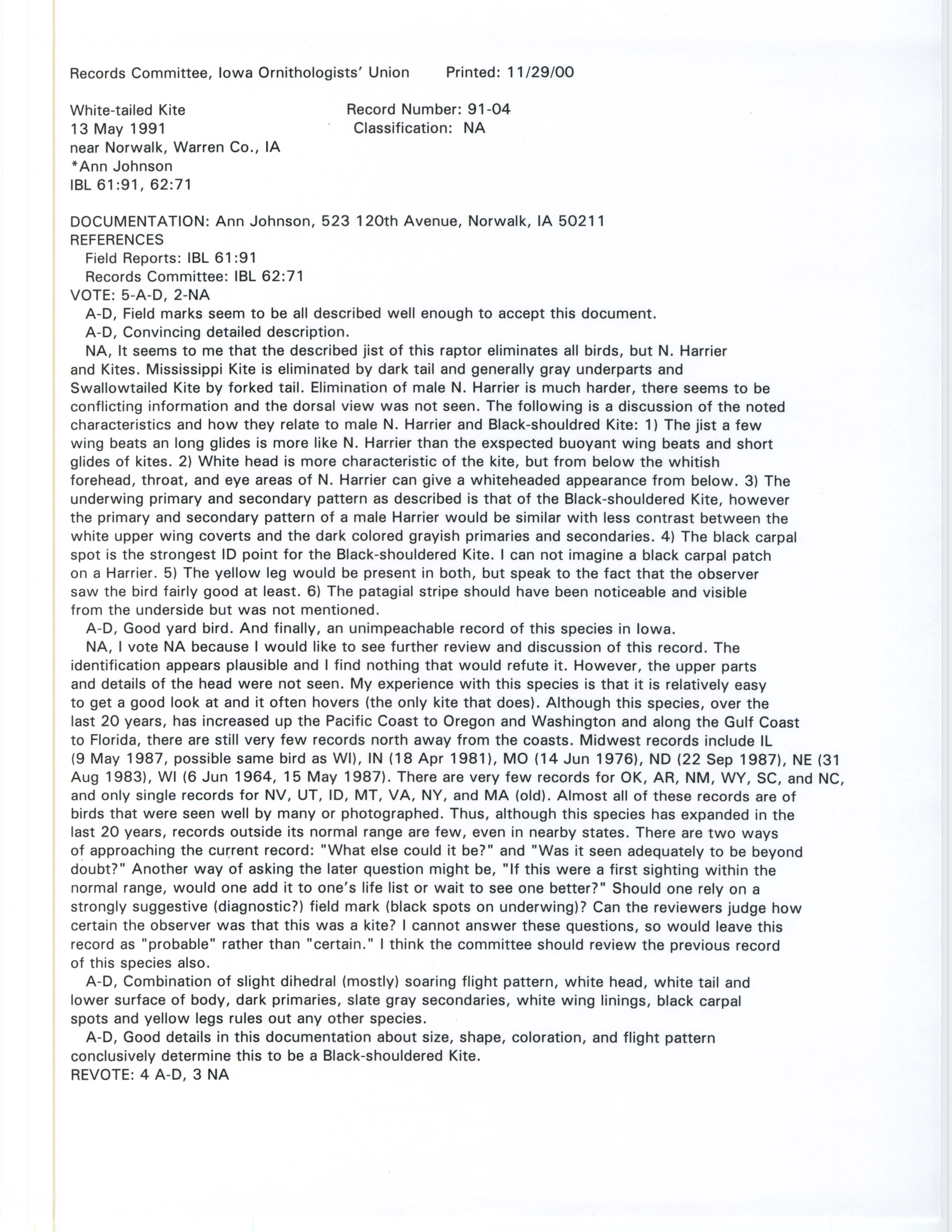 Records Committee review for rare bird sighting of White-tailed Kite at Norwalk, 1991