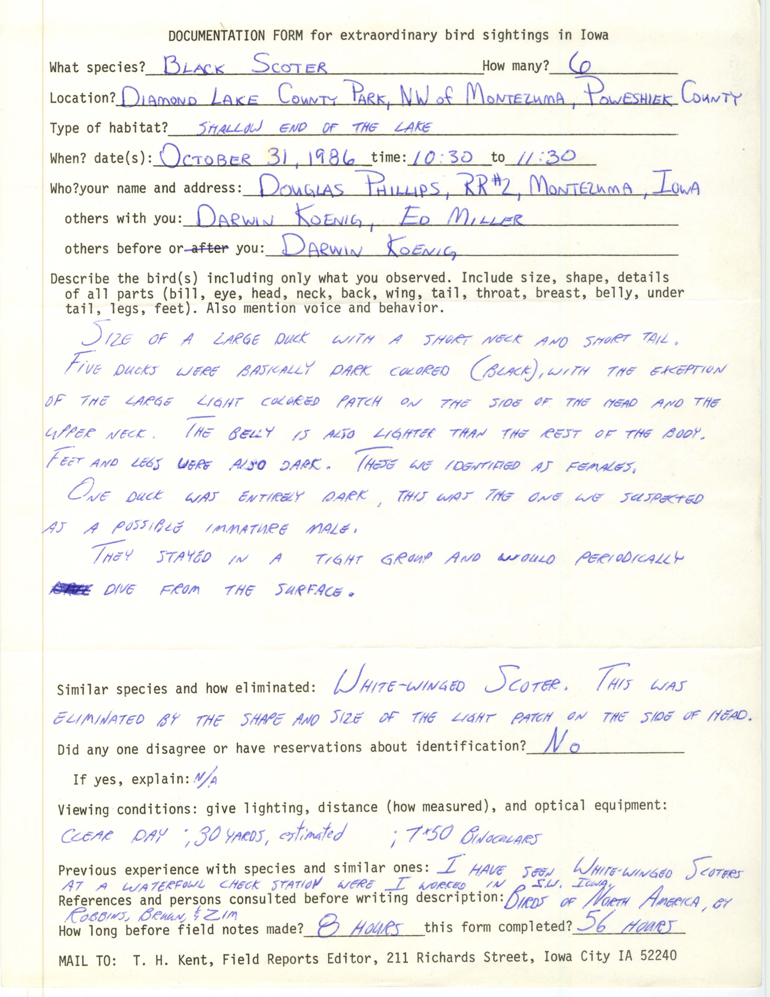 Rare bird documentation form for Black Scoter at Diamond Lake County Park in 1986
