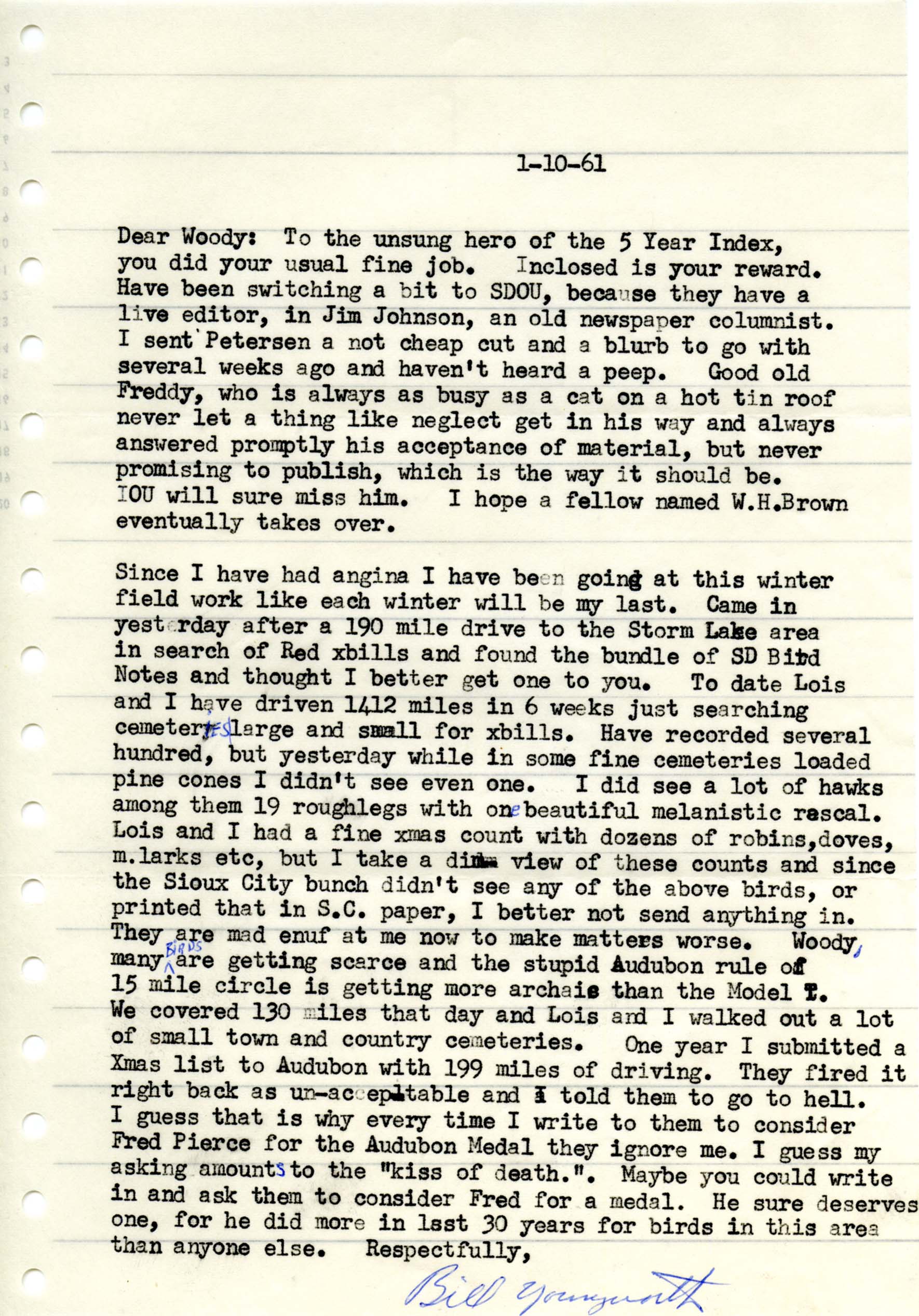 Bill Youngworth letter to Woodward Hart Brown regarding a new editor for Iowa Bird Life, January 10, 1961