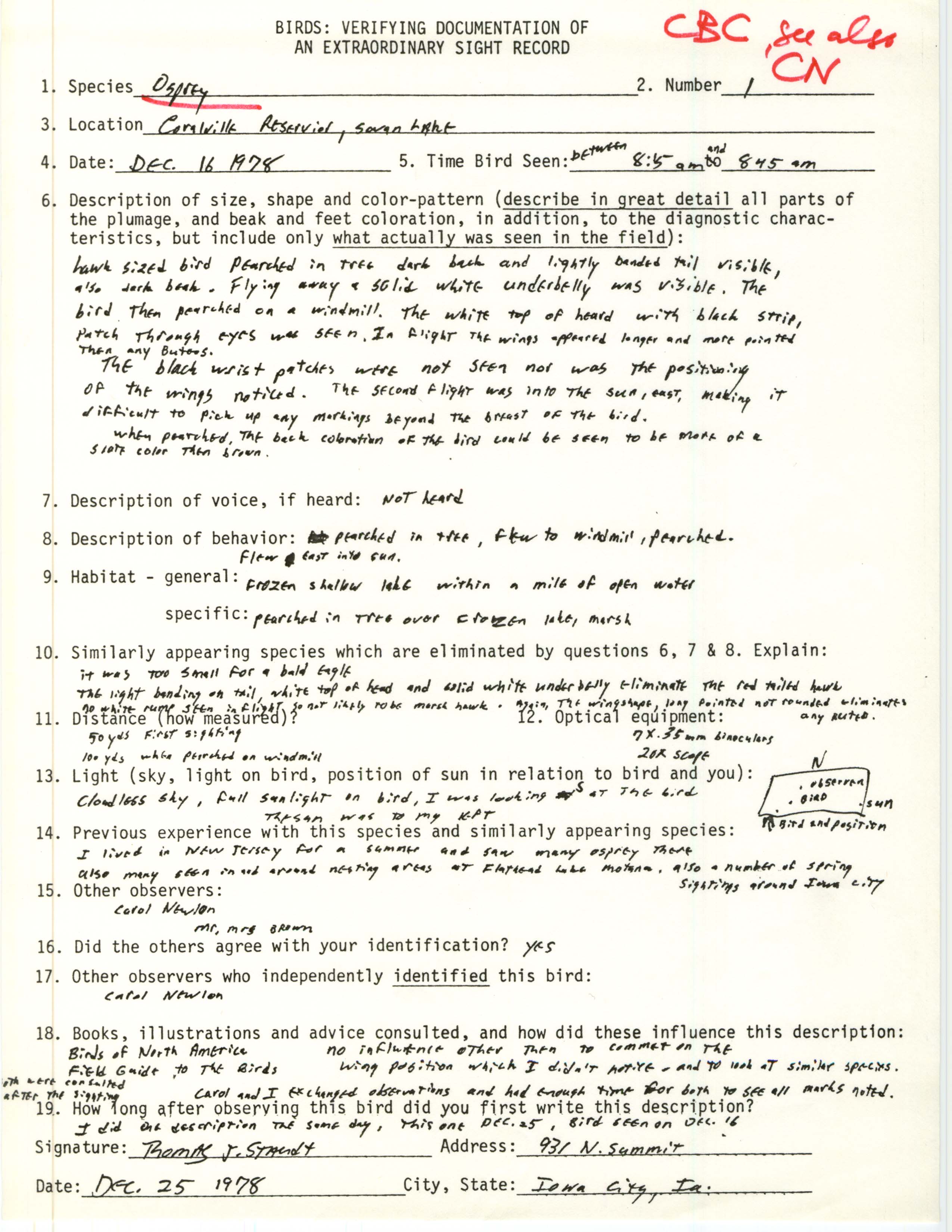 Rare bird documentation form for Osprey at Coralville Reservoir, 1978