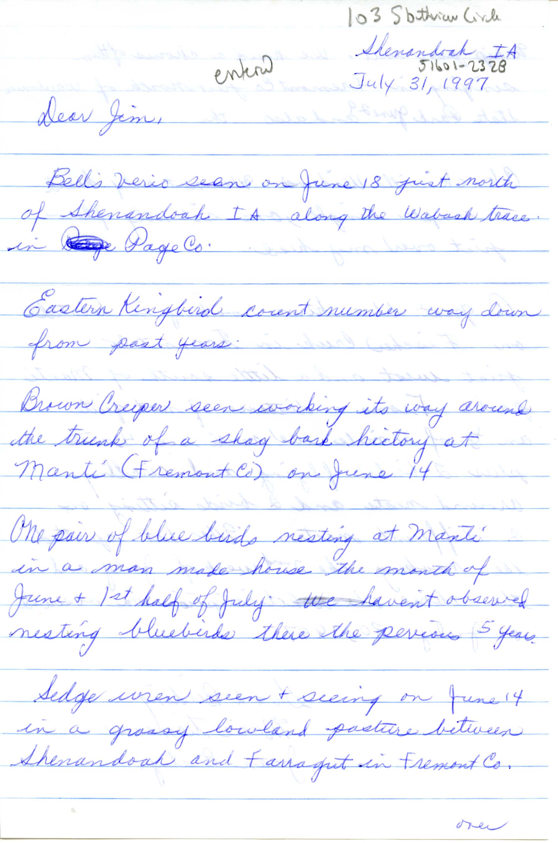 Marie E. Spears Tiemann and Jean B. Braley letter to James J. Dinsmore regarding summer bird sightings, July 31, 1997