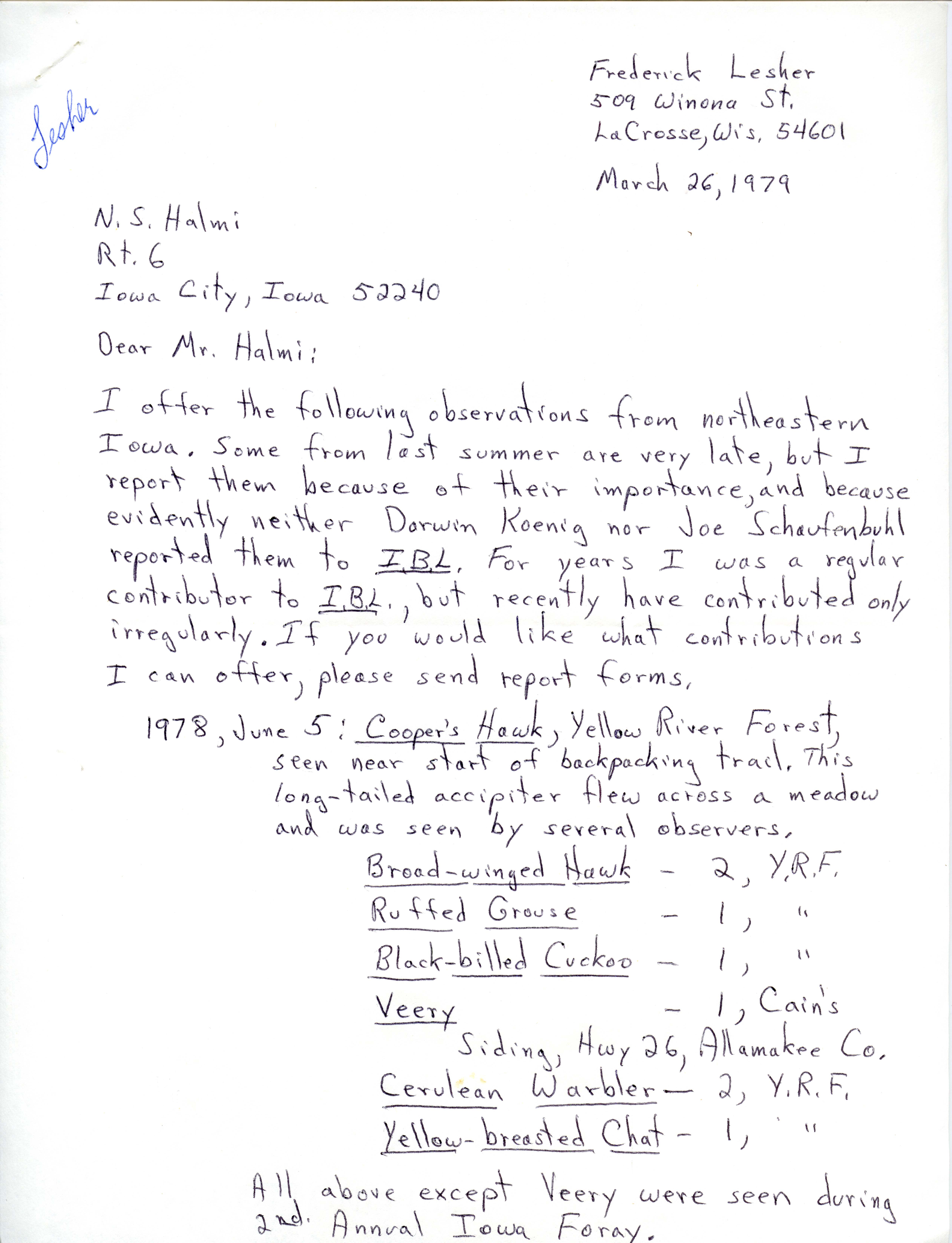 Fred Lesher letter to Nicholas S. Halmi regarding bird sightings, March 26, 1979
