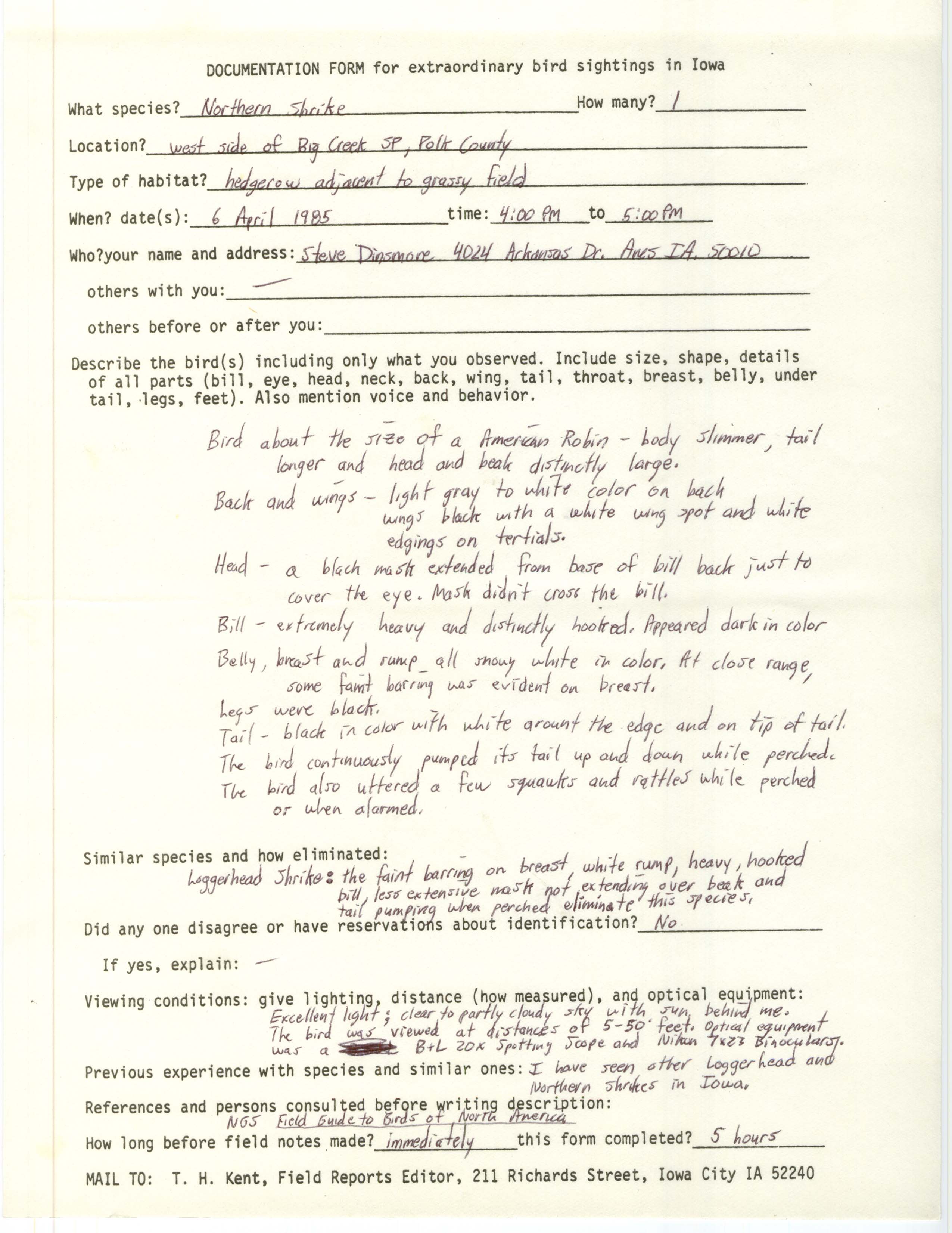 Rare bird documentation form for Northern Shrike at Big Creek State Park, 1985