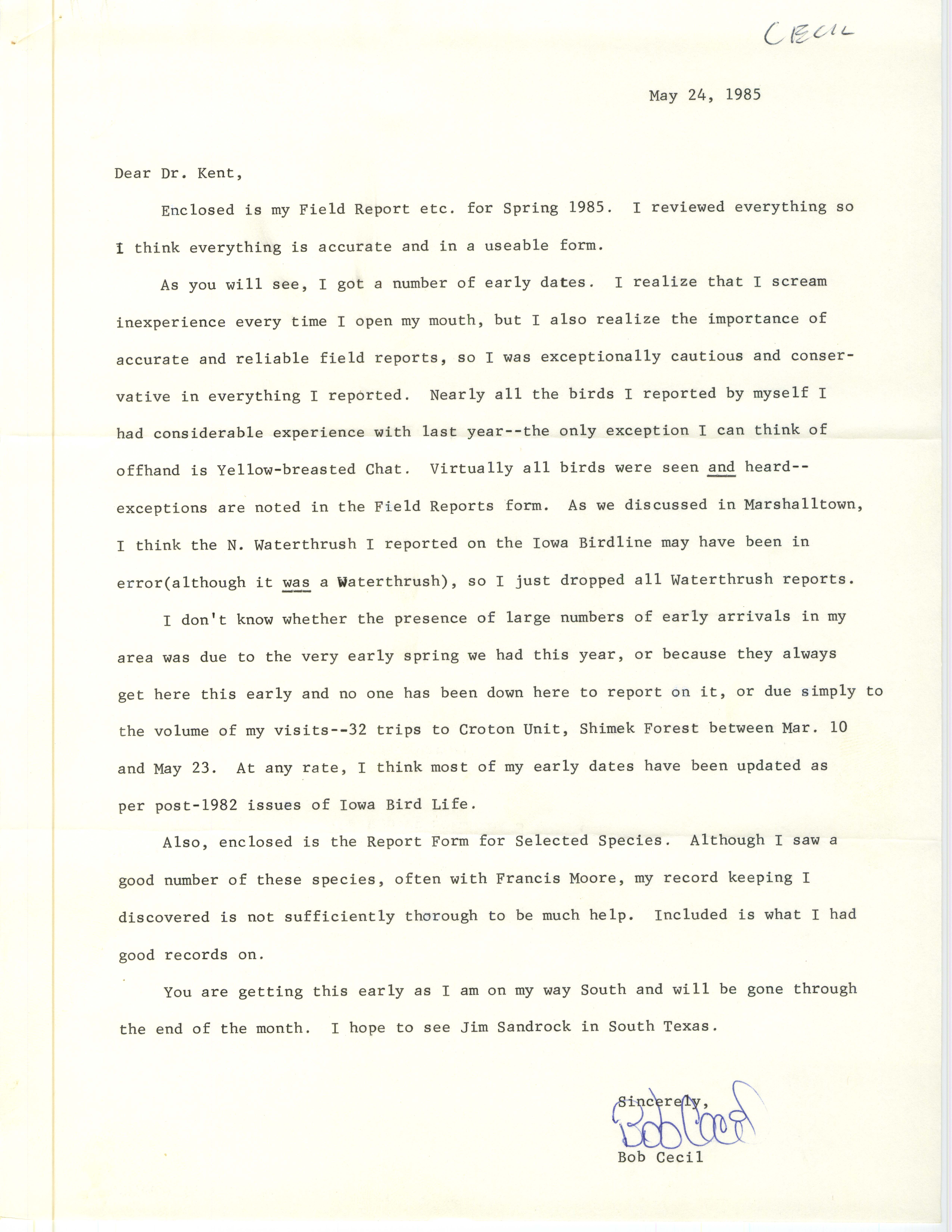 Robert I. Cecil letter to Thomas H. Kent regarding accompanying field notes, May 24, 1985