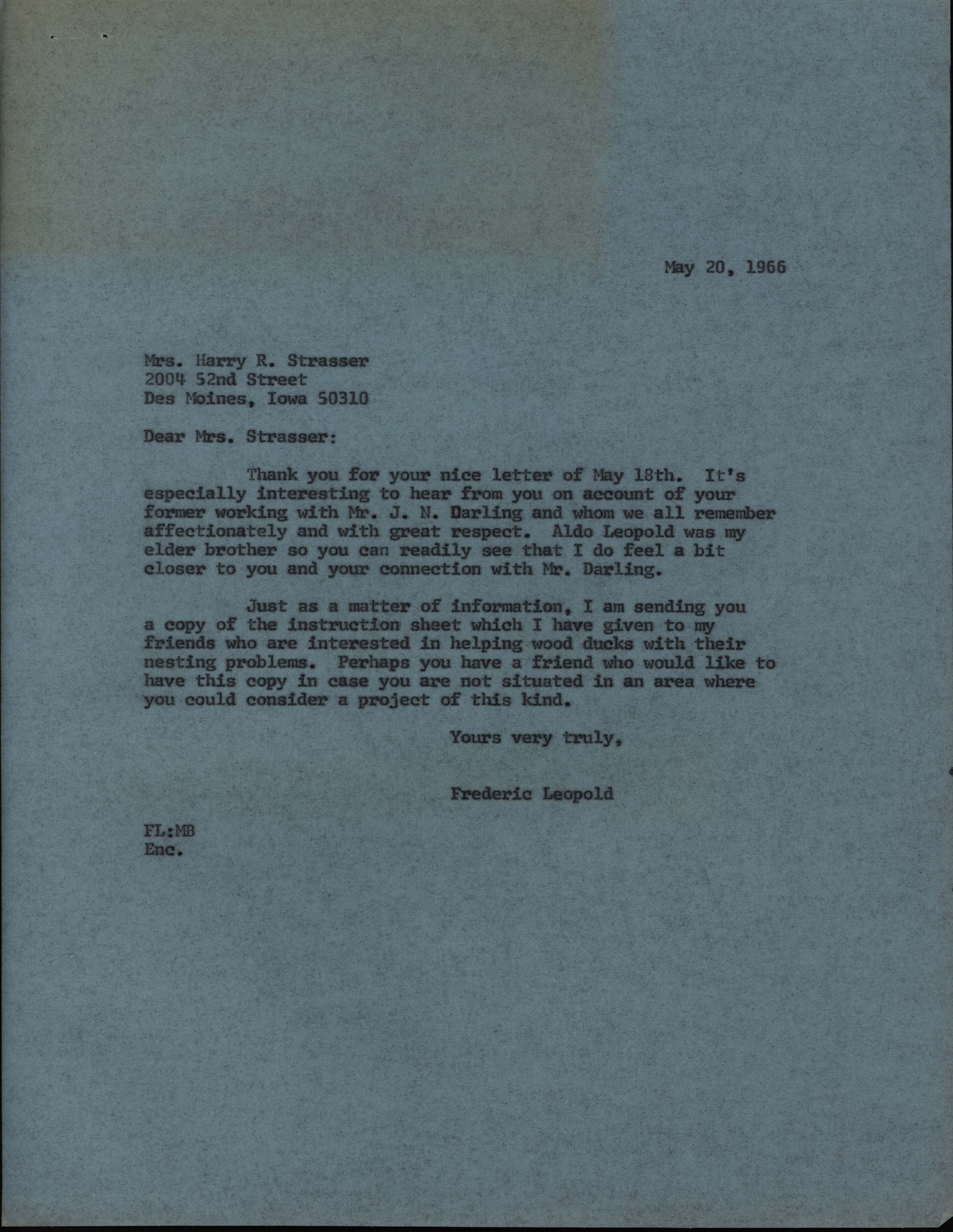 Frederic Leopold letter to Merle Strasser regarding Wood Ducks and Jay N. Darling, May 20, 1966