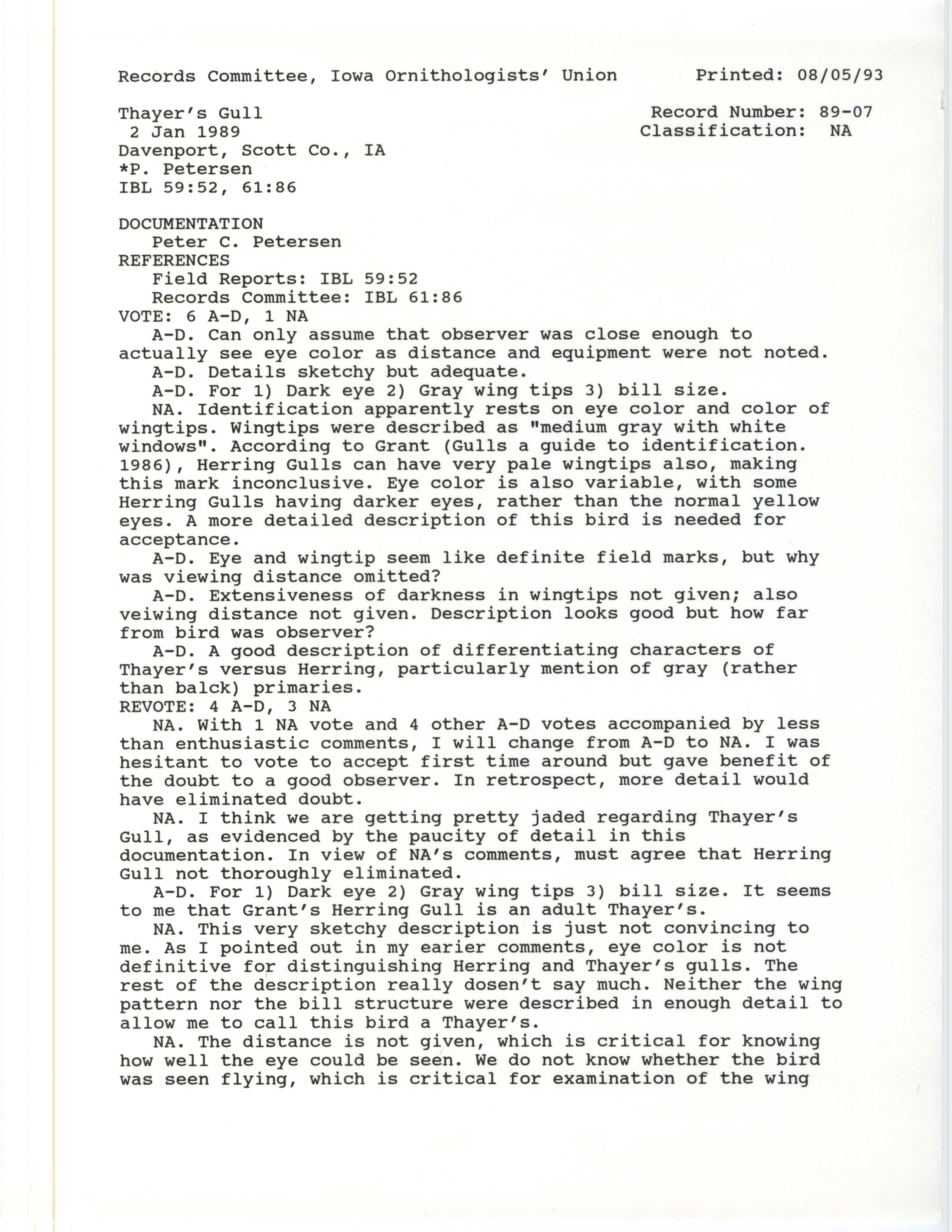 Records Committee review for rare bird sighting of Thayer's Gull near Horse Island near Davenport, 1989