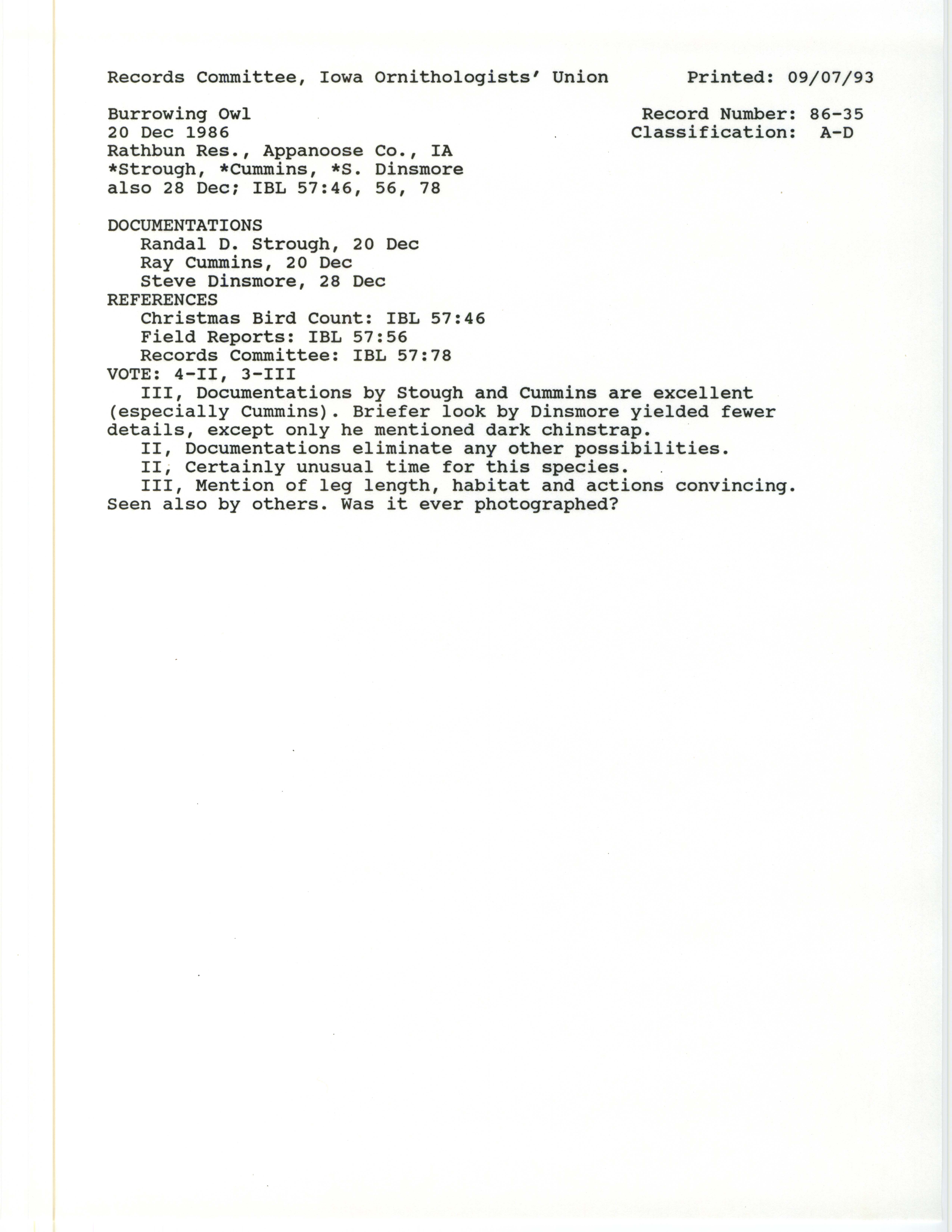 Records Committee review for rare bird sighting for Burrowing Owl at Rathbun Reservoir, 1986
