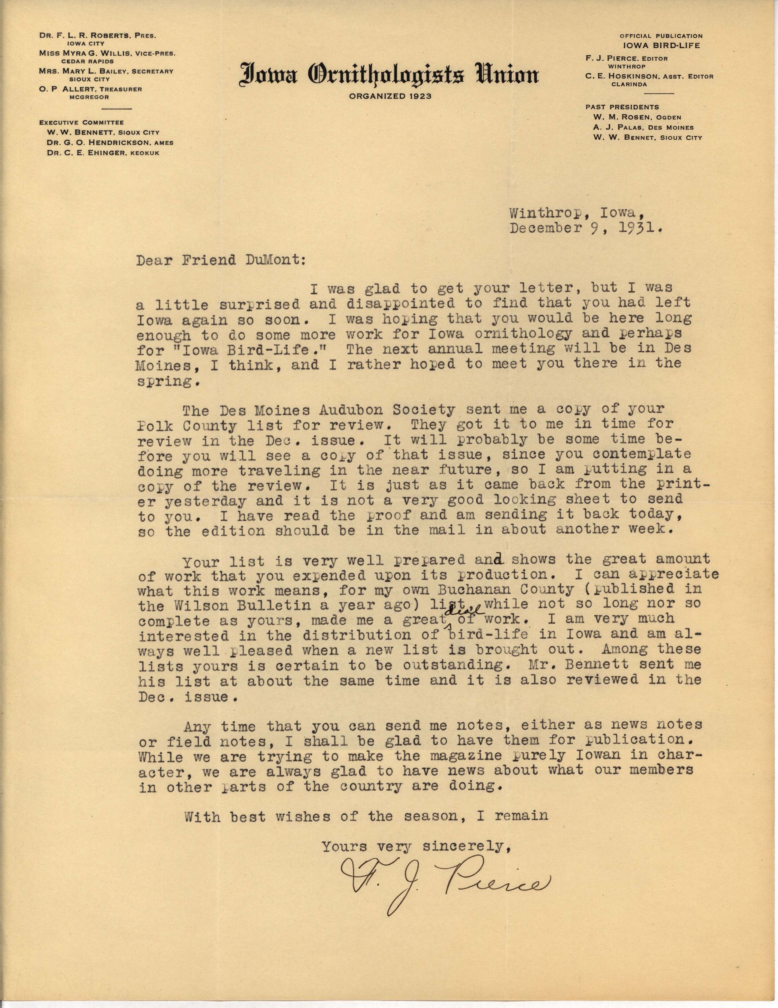 Fred Pierce letter to Philip DuMont regarding book review, December 9, 1931