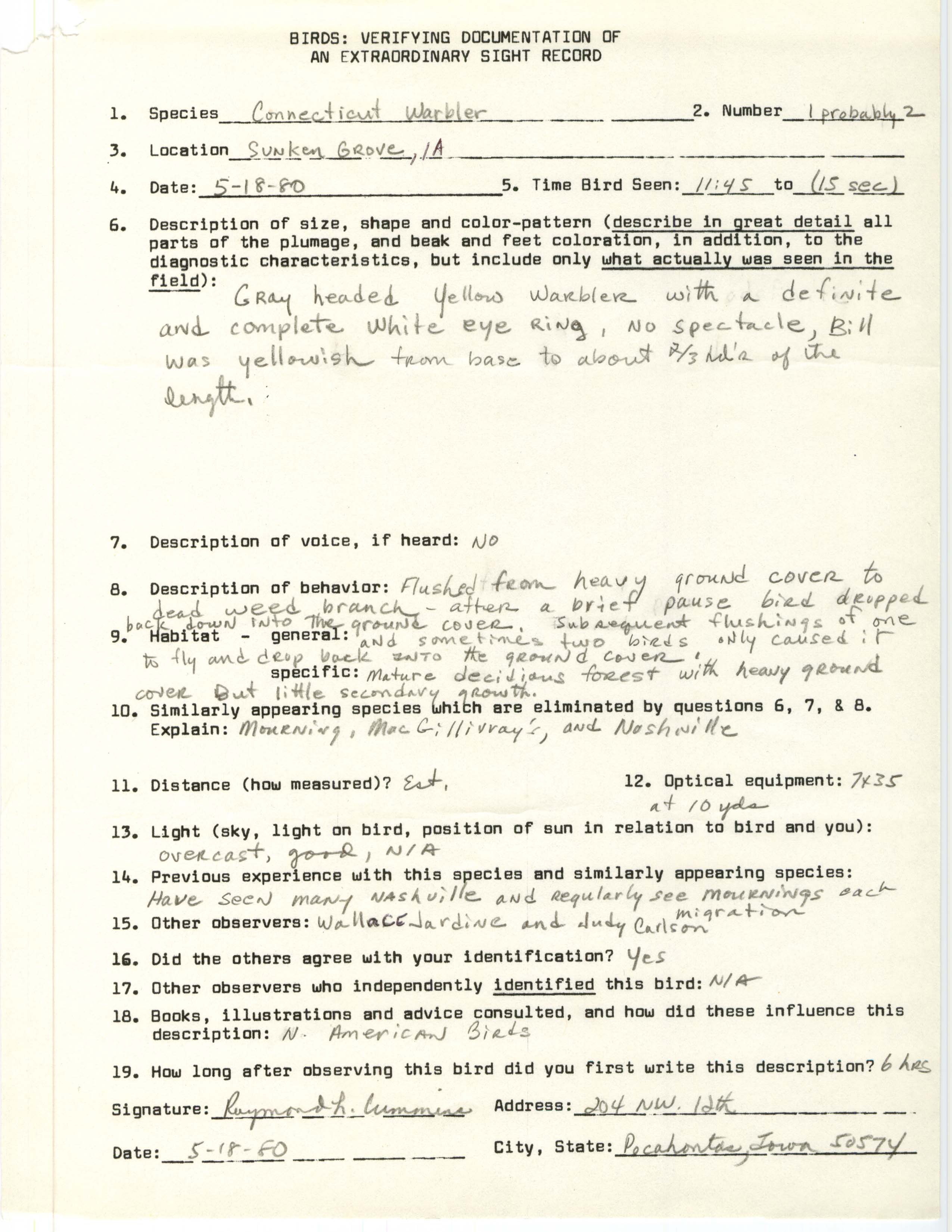 Rare bird documentation form for Connecticut Warbler at Sunken Grove, 1980