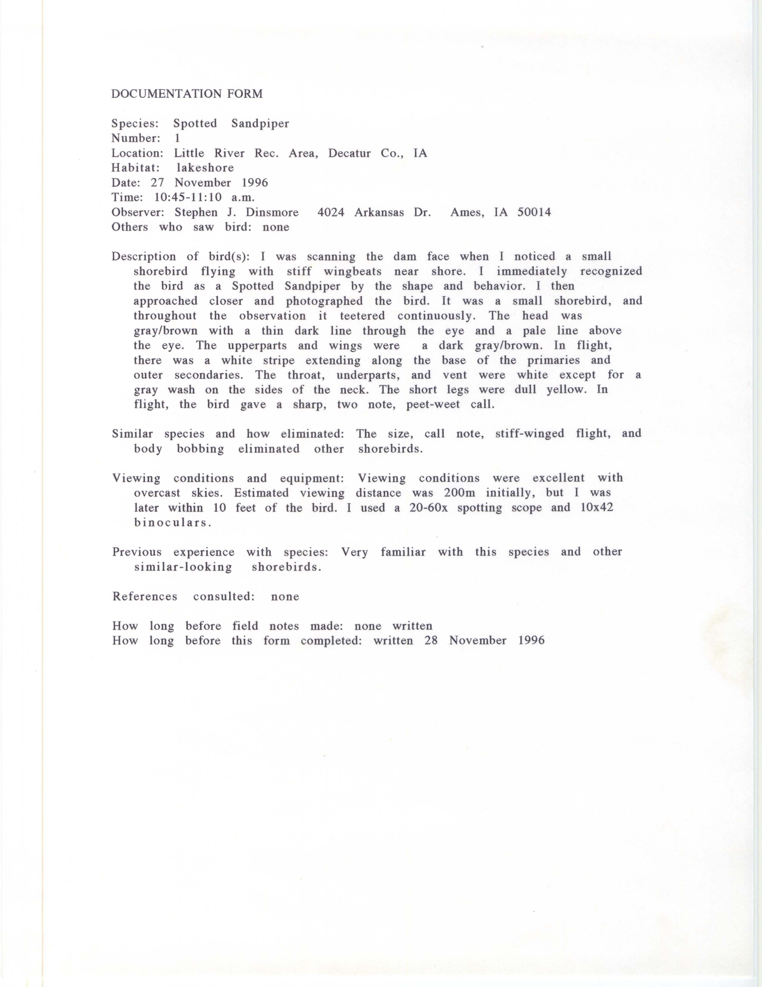 Rare bird documentation form for Spotted Sandpiper at Little River Recreation Area, 1996