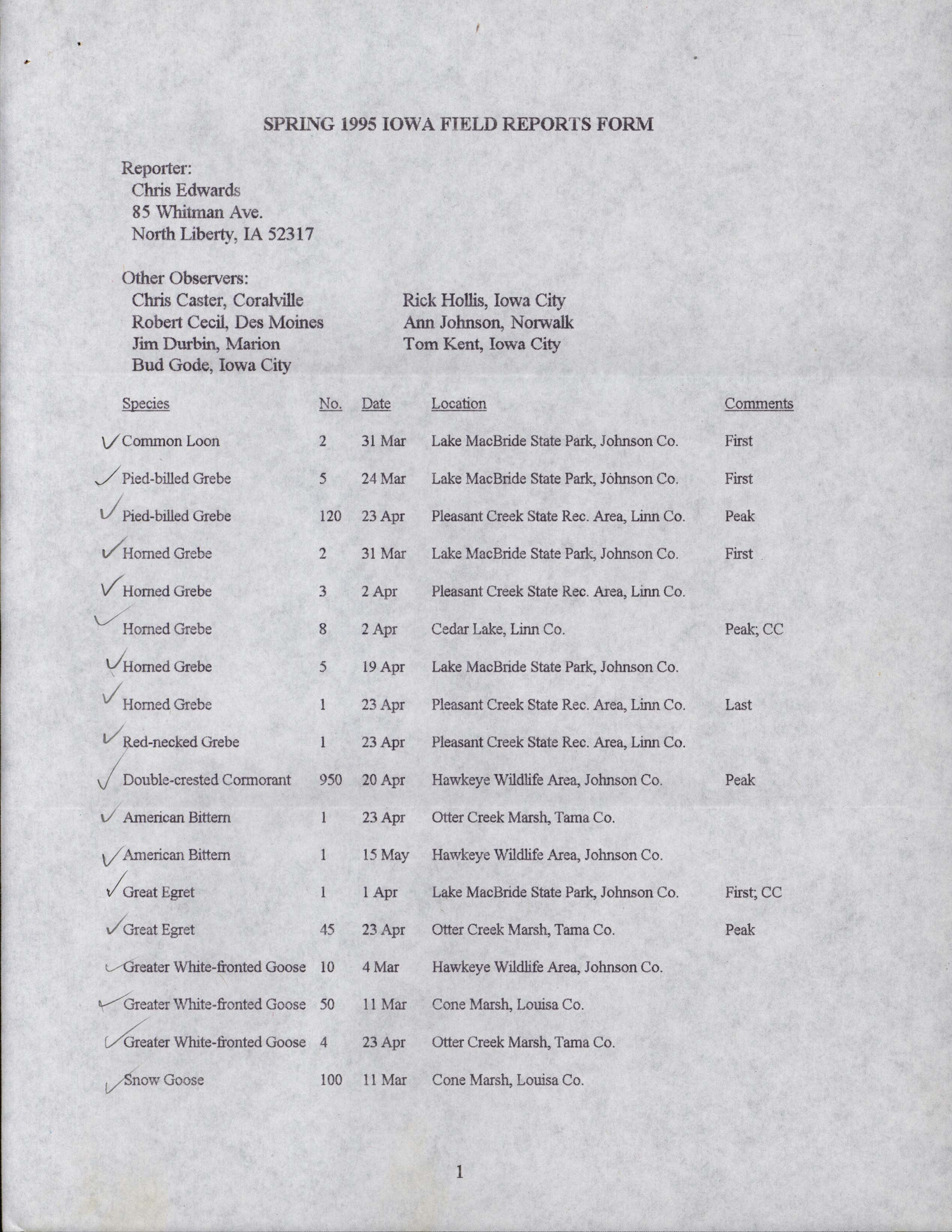 Spring 1995 Iowa field reports form, Chris Edwards