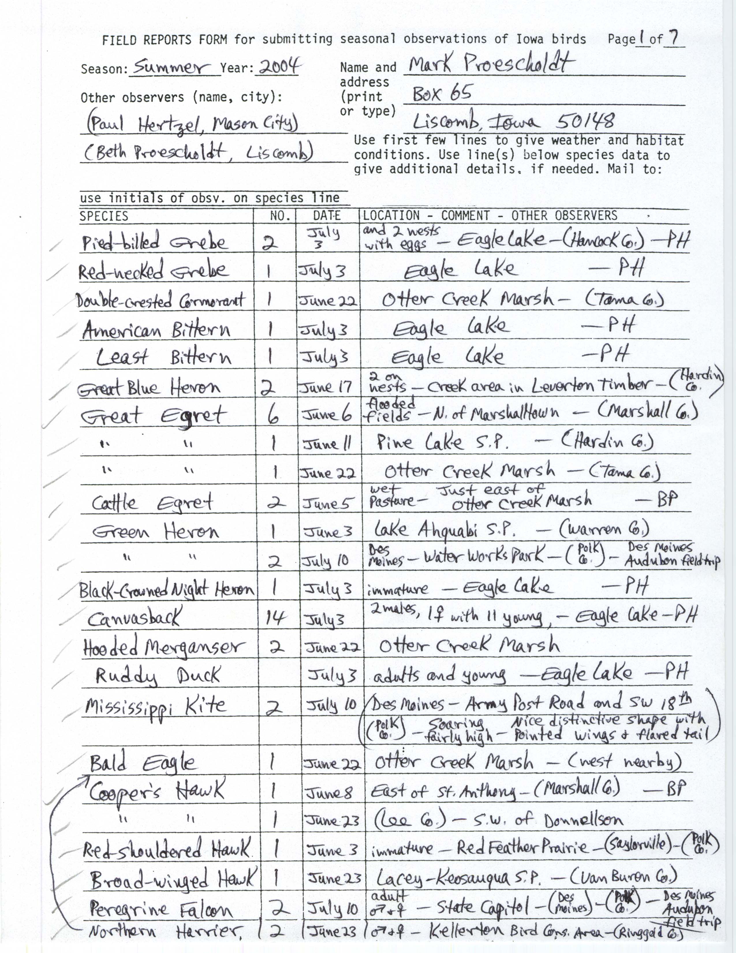 Field reports form for submitting seasonal observations of Iowa birds, Mark Proescholdt, summer 2004