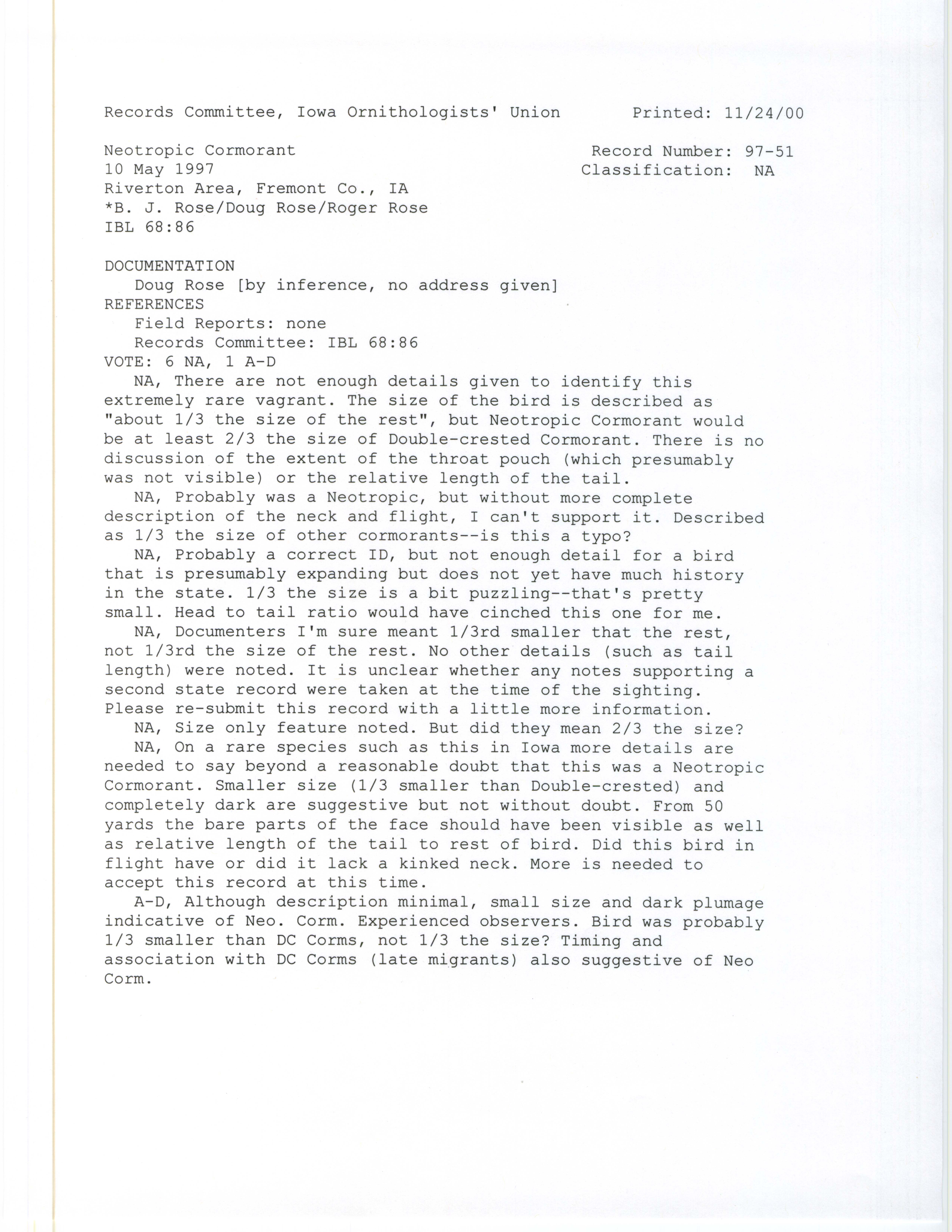 Records Committee review for rare bird sighting for Neotropic Cormorant at Riverton Area, 1997