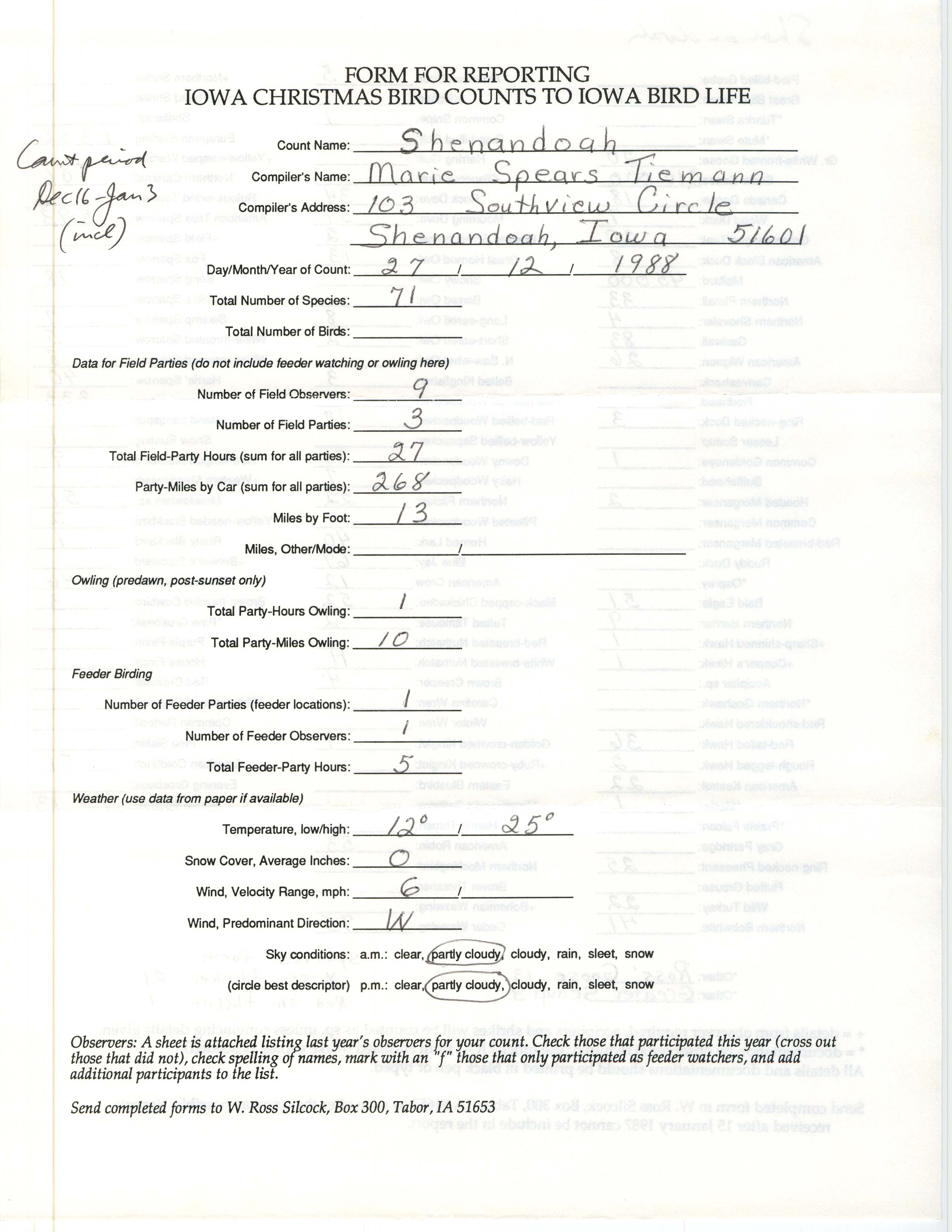 Form for reporting Iowa Christmas bird counts to Iowa Bird Life, Marie E. Spears Tiemann, December 27, 1988
