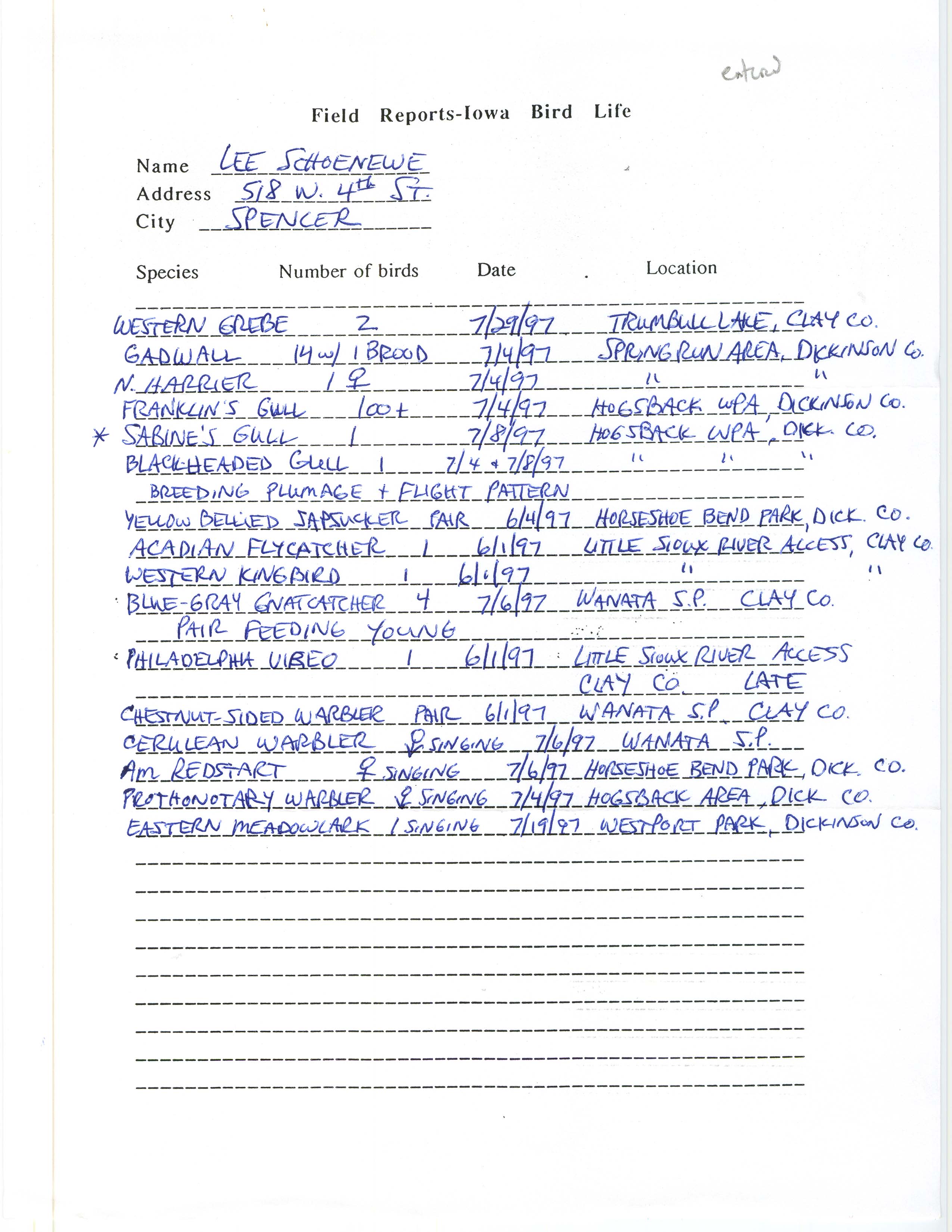 Field notes contributed by Lee A. Schoenewe, summer 1997