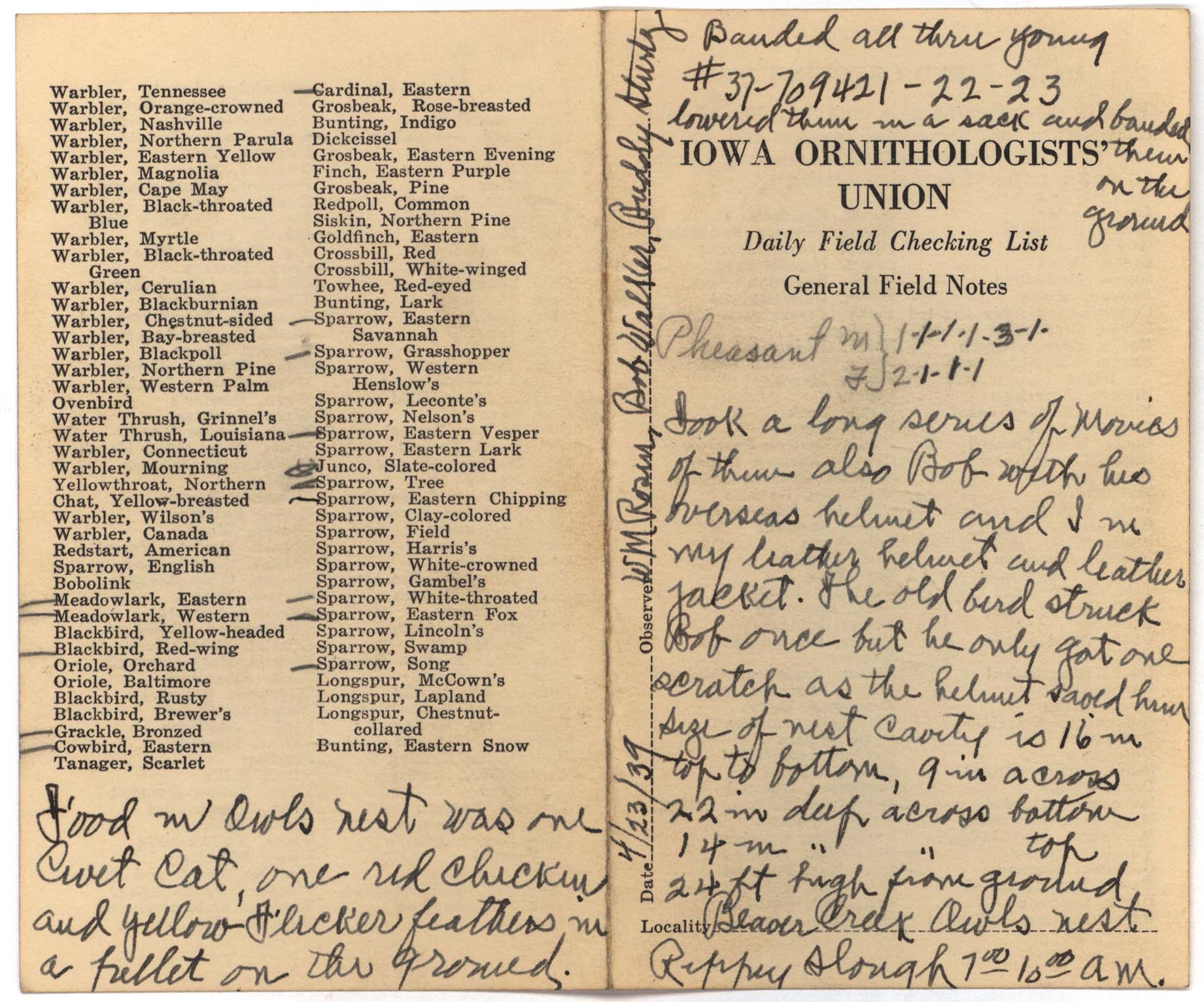 Daily field checking list by Walter Rosene, April 23, 1939