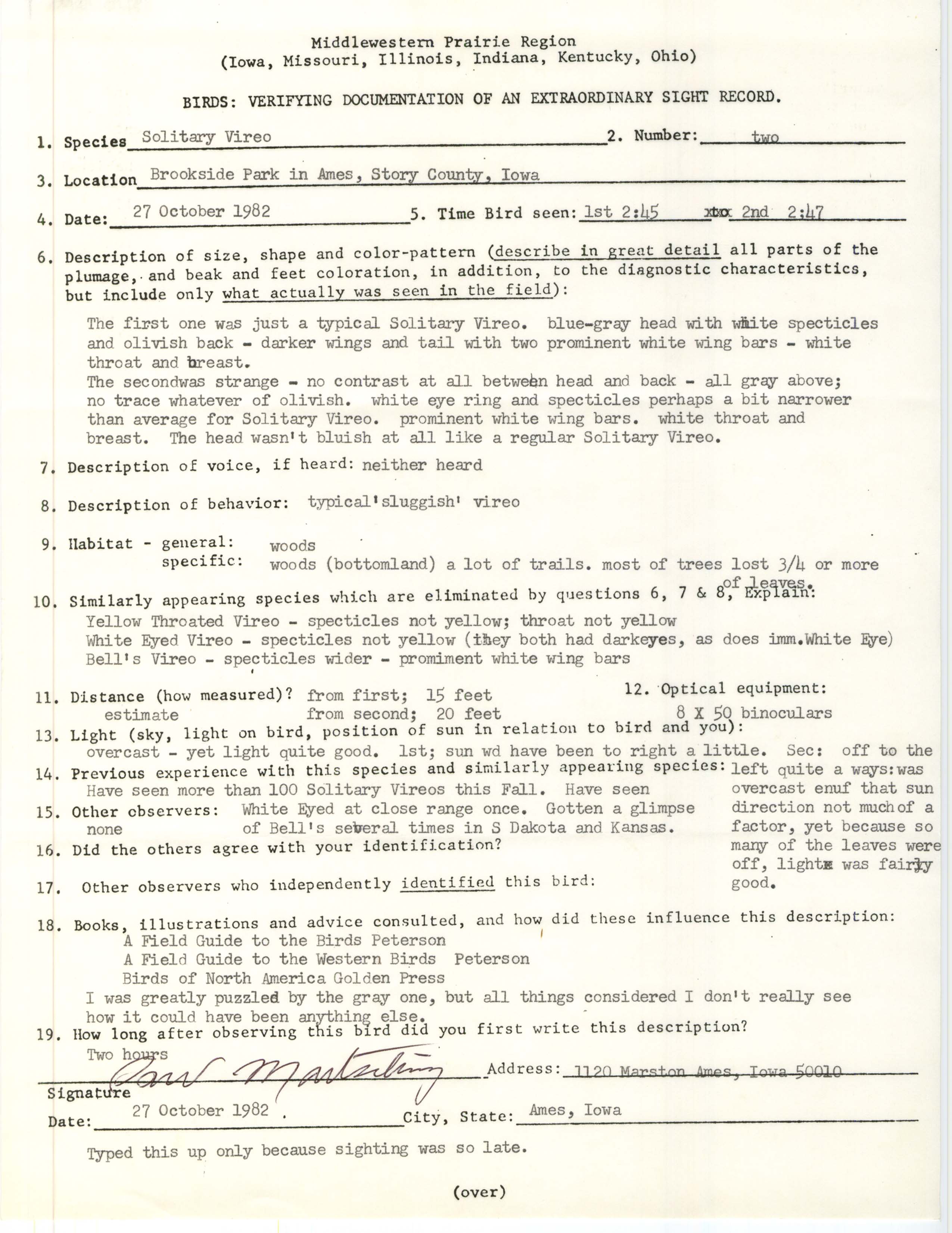 Rare bird documentation form for Solitary Vireo at Brookside Park in Ames, 1982
