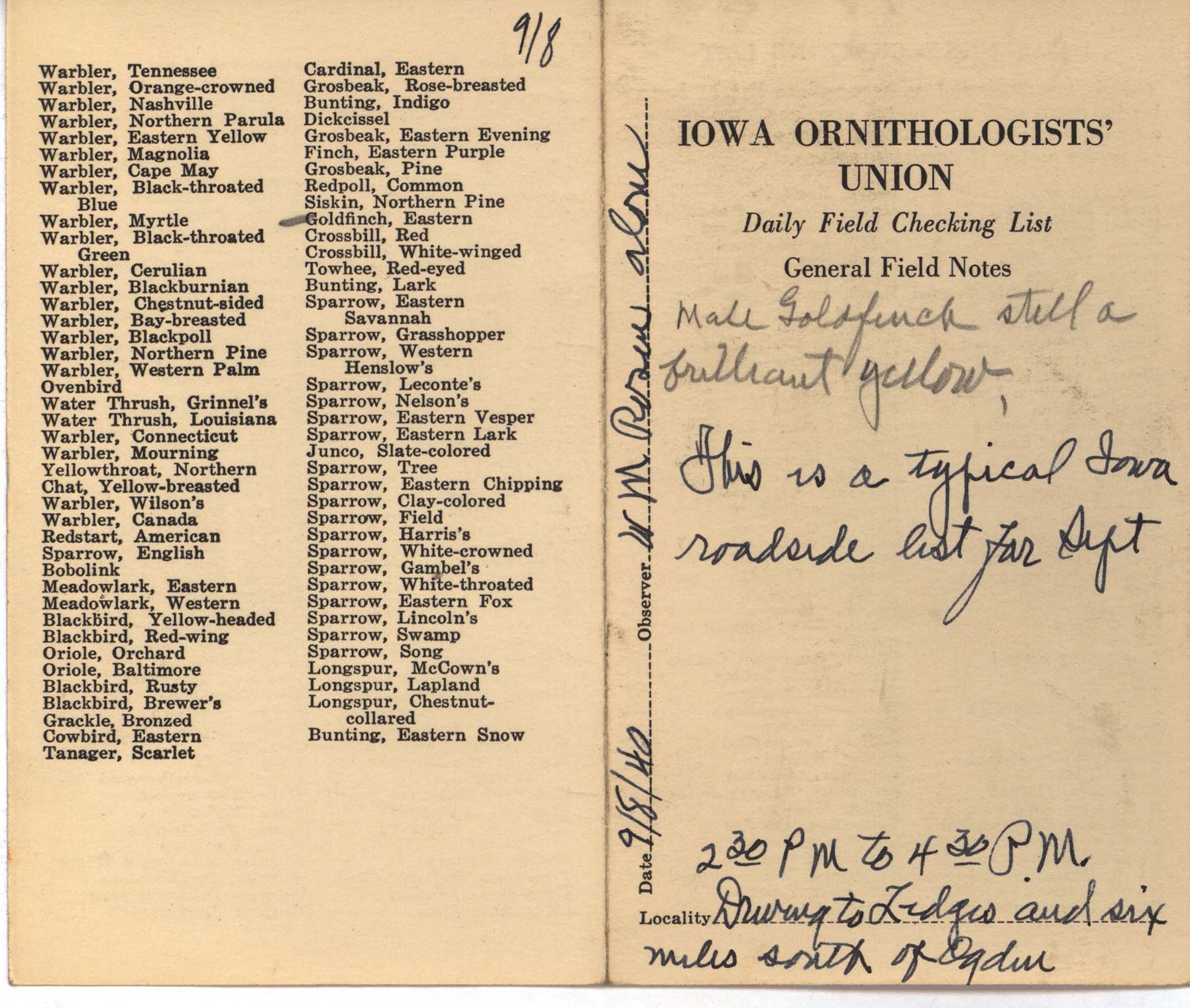 Daily field checking list by Walter Rosene, September 8, 1940