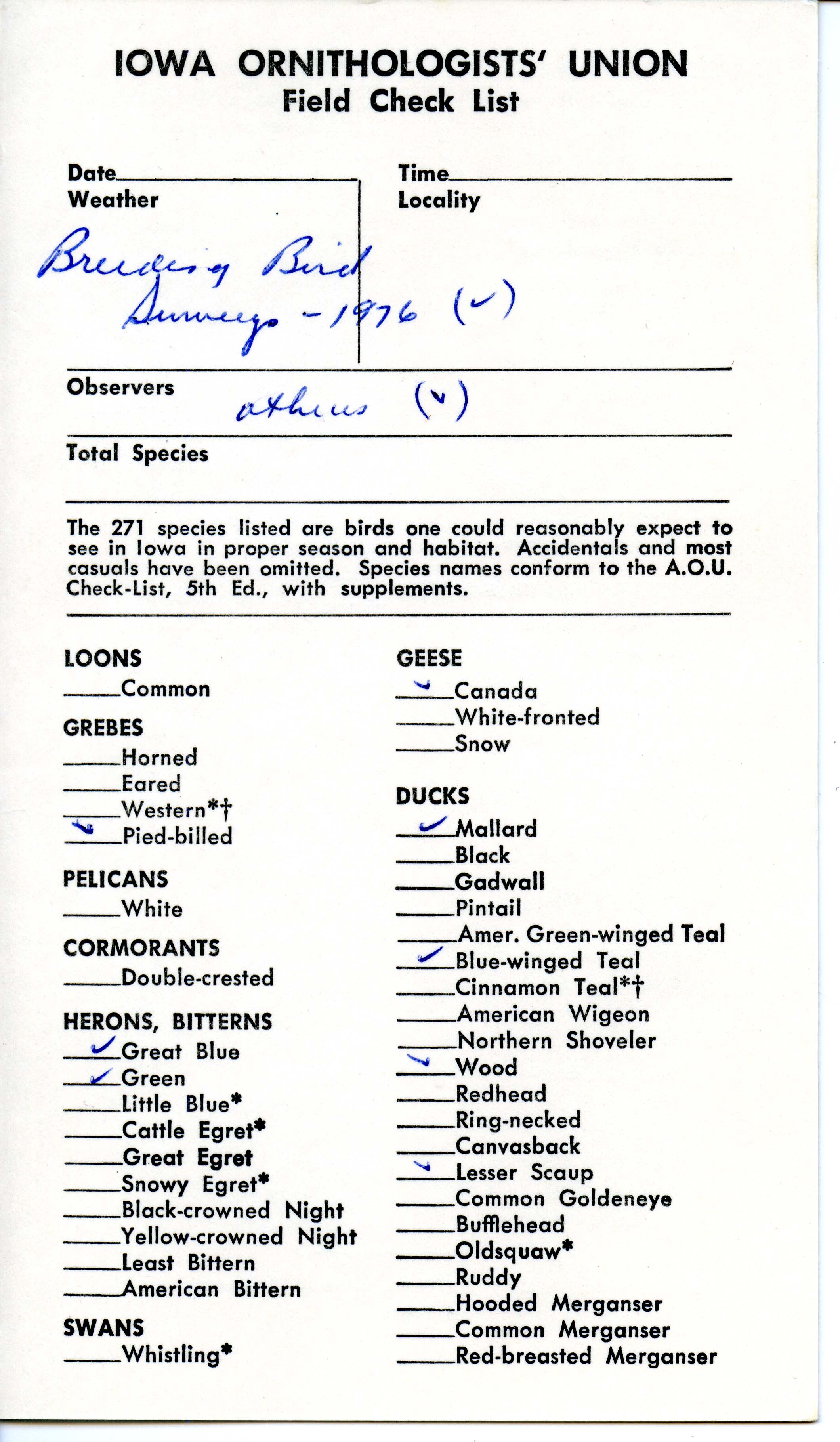 Breeding bird survey, 1976