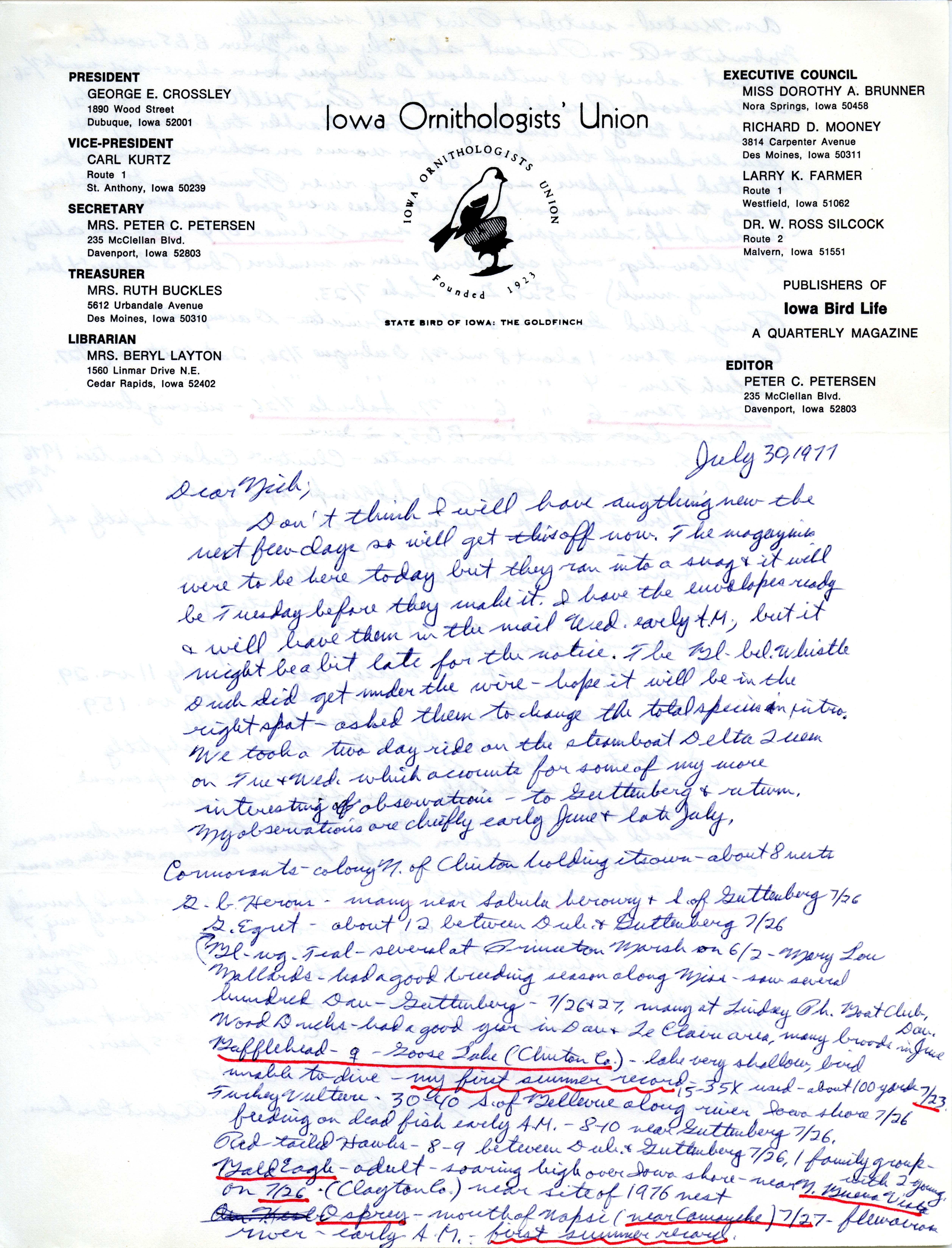 Peter C. Petersen letter to Nicholas S. Halmi, regarding bird sightings, July 30, 1977