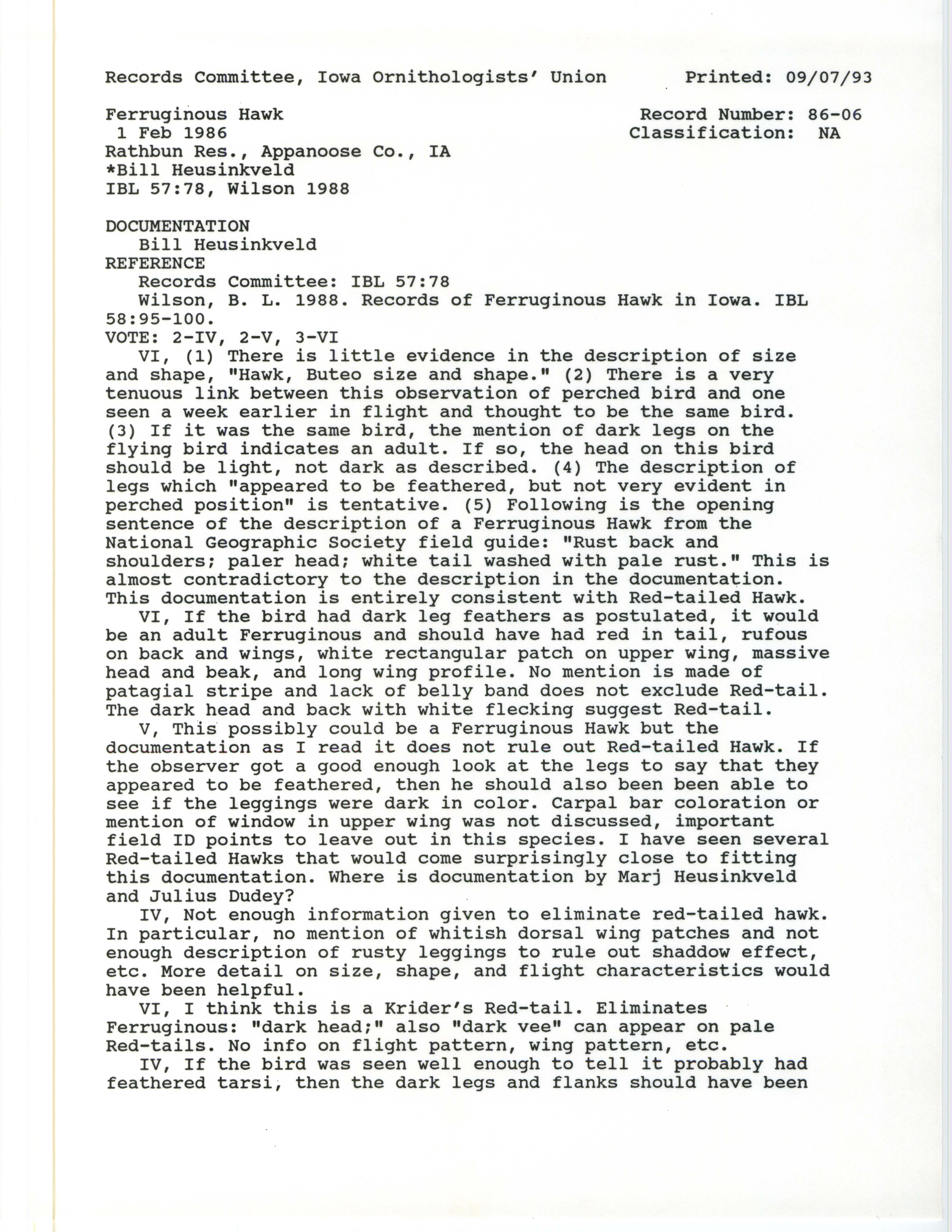 Records Committee review for rare bird sighting of Ferruginous Hawk at Rathbun Reservoir, 1986