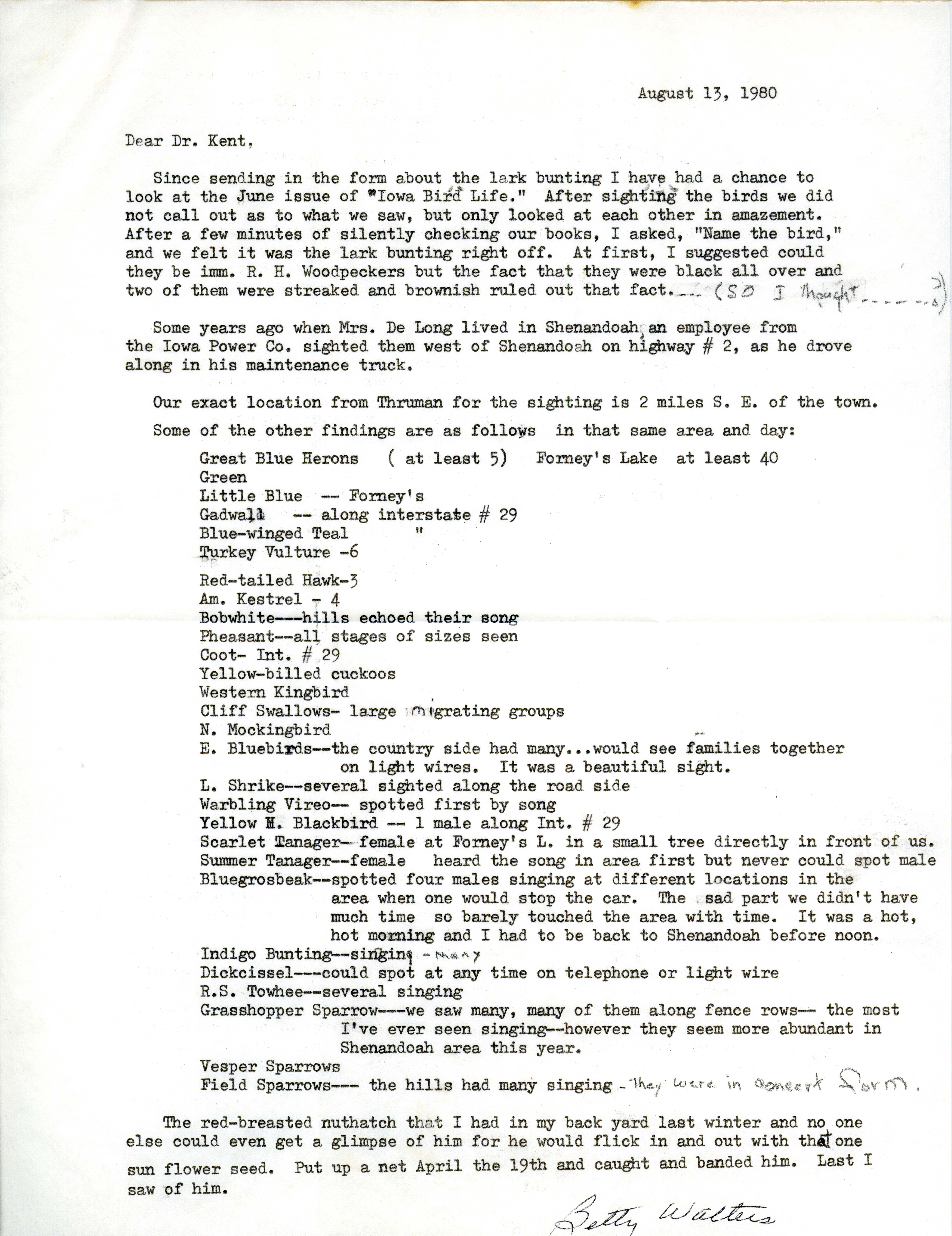 Betty Walters letter to Thomas H. Kent regarding bird sightings, August 13, 1980