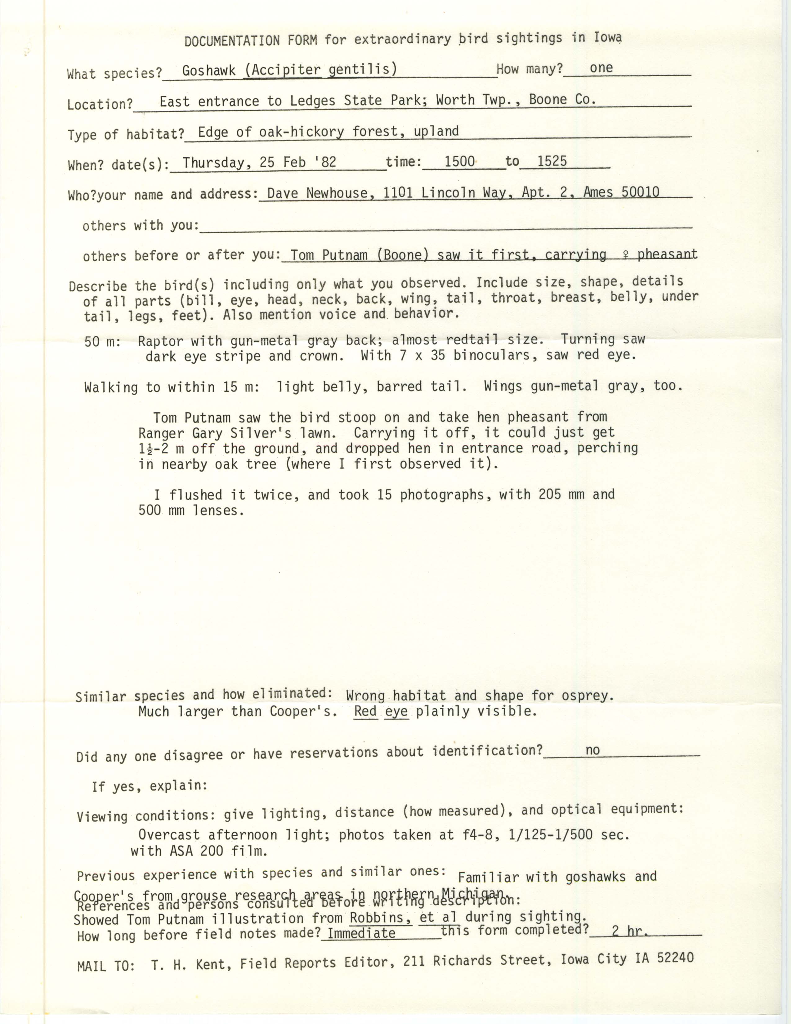 Rare bird documentation form for Northern Goshawk at Ledges State Park, 1982