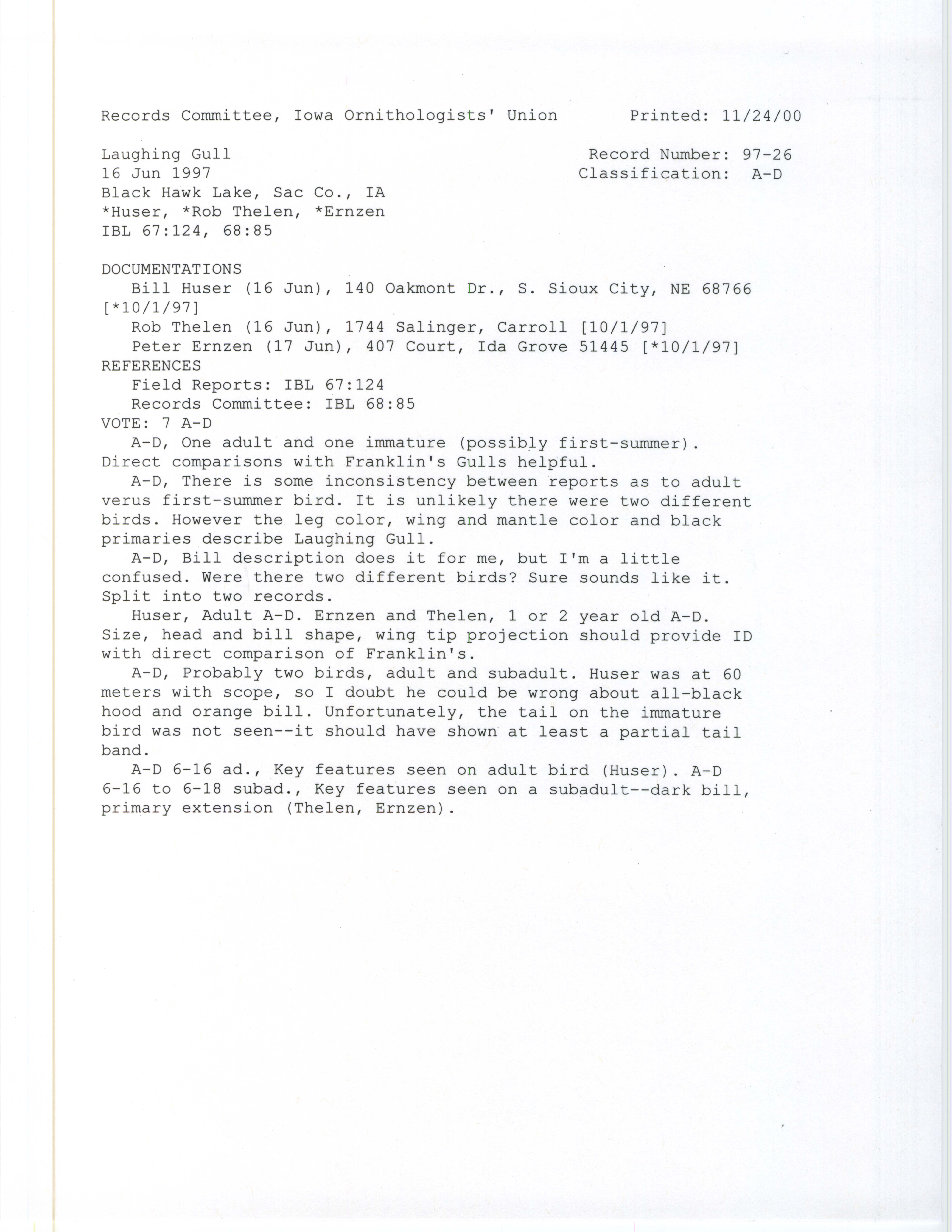 Records Committee review for rare bird sighting of Laughing Gull at Black Hawk Lake, 1997