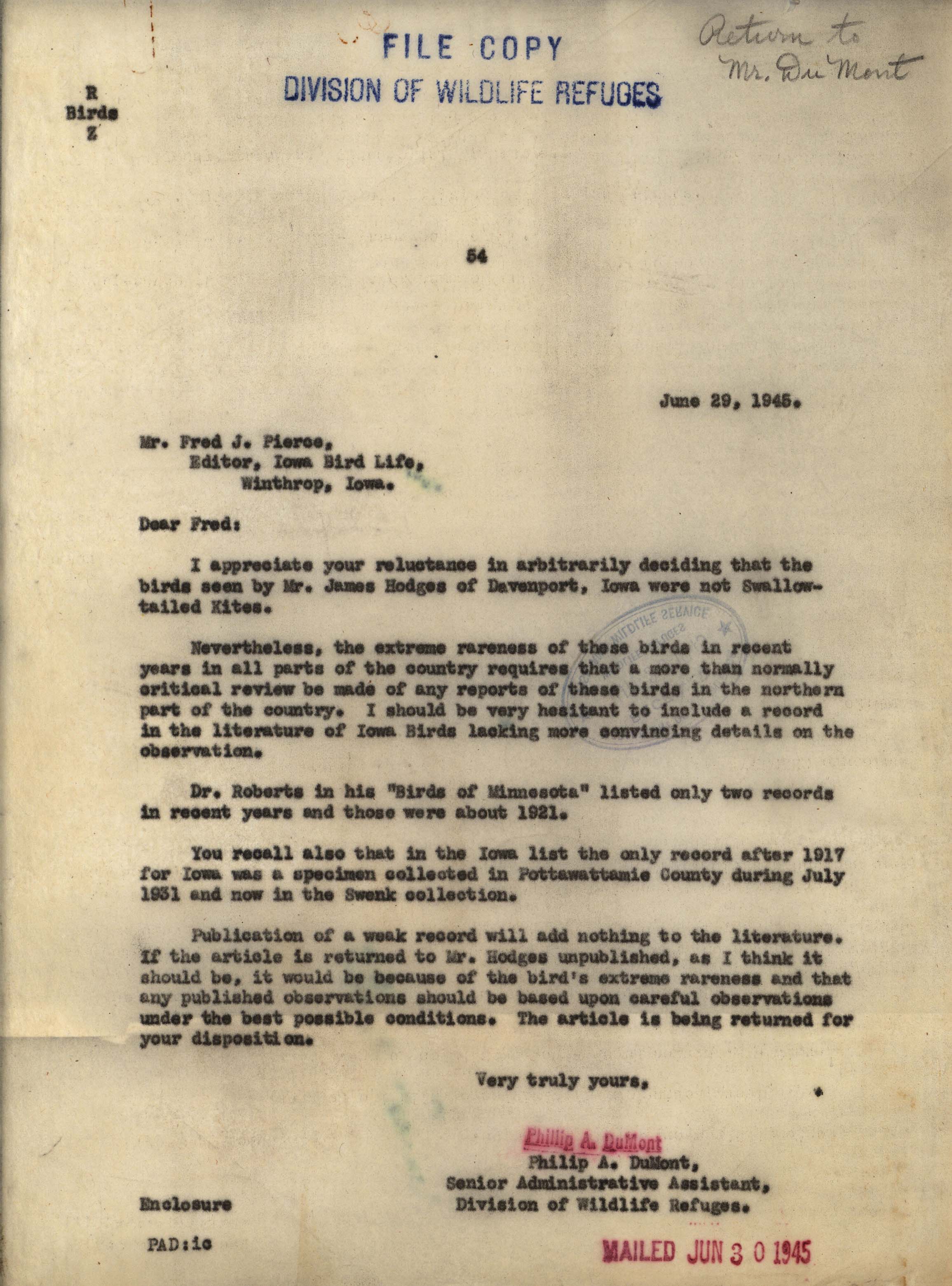 Philip DuMont letter to Fred Pierce regarding Swallow-tailed Kites, June 29, 1945