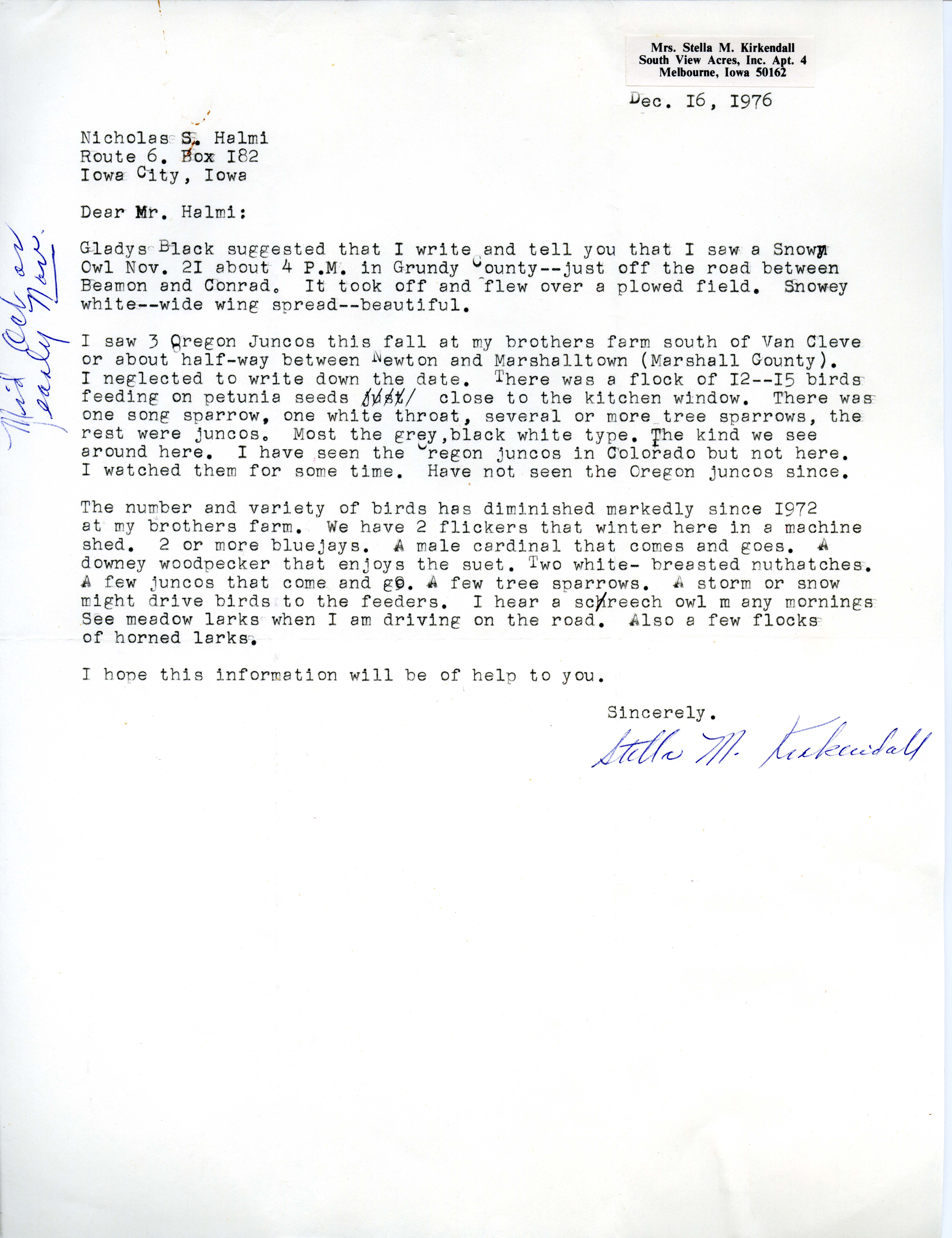 Stella M. Kirkendall letter to Nicholas S. Halmi regarding fall migration, 1976