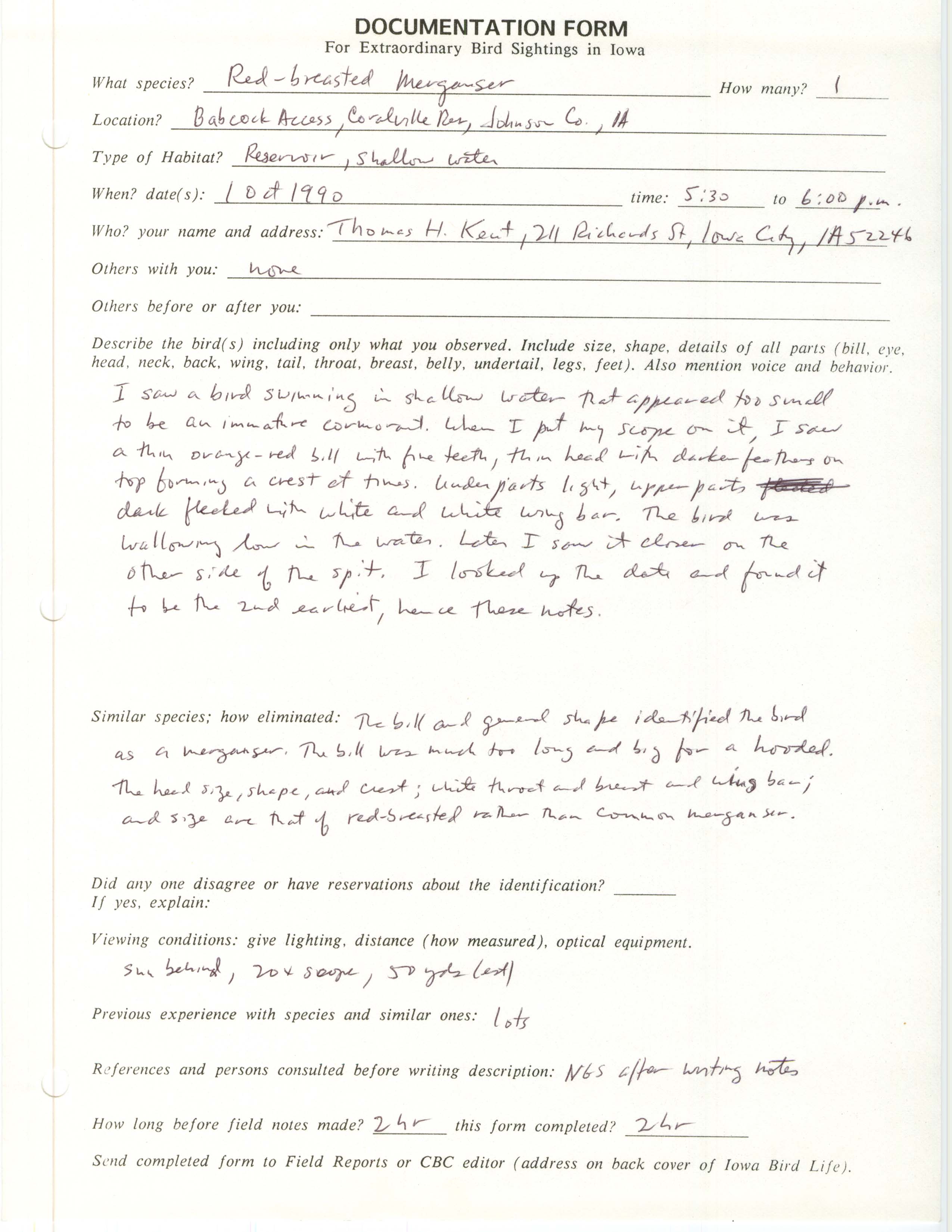 Rare bird documentation form for Red-breasted Merganser at Coralville Reservoir, 1990