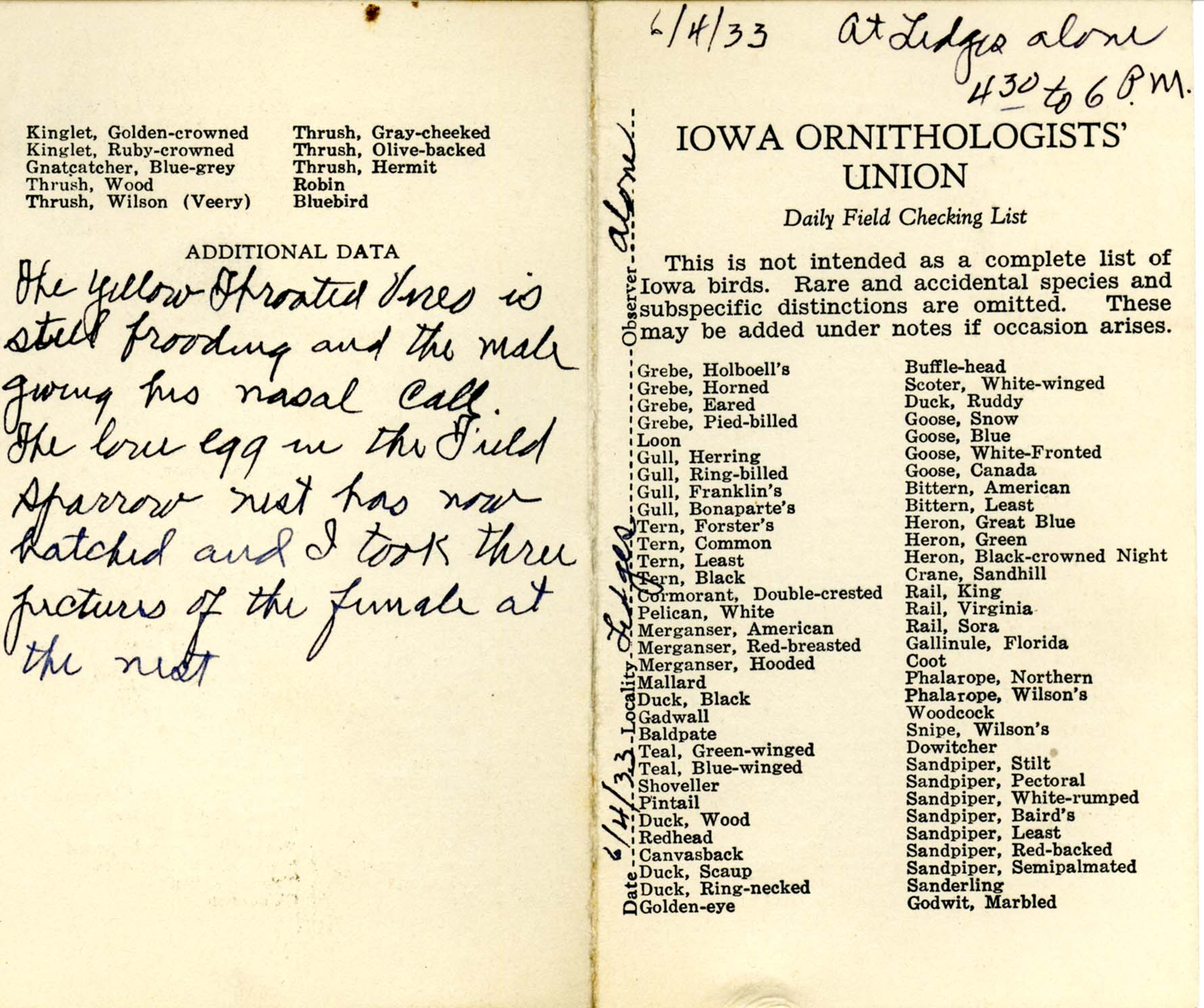 Daily field checking list, Walter Rosene, June 4, 1933 second trip