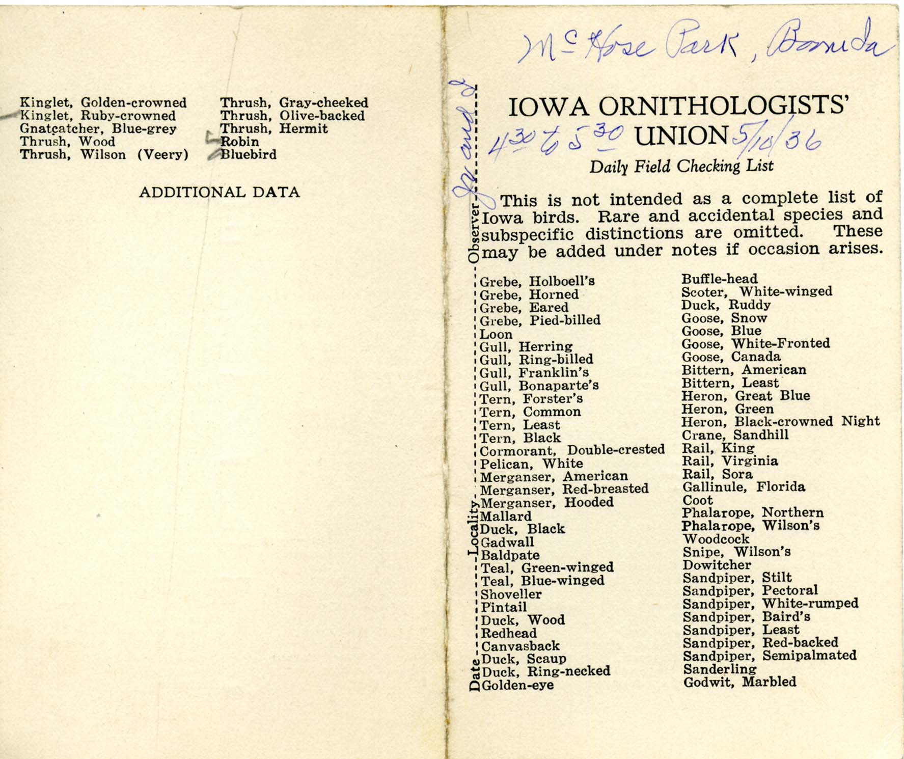 Daily field checking list by Walter Rosene, May 10, 1936