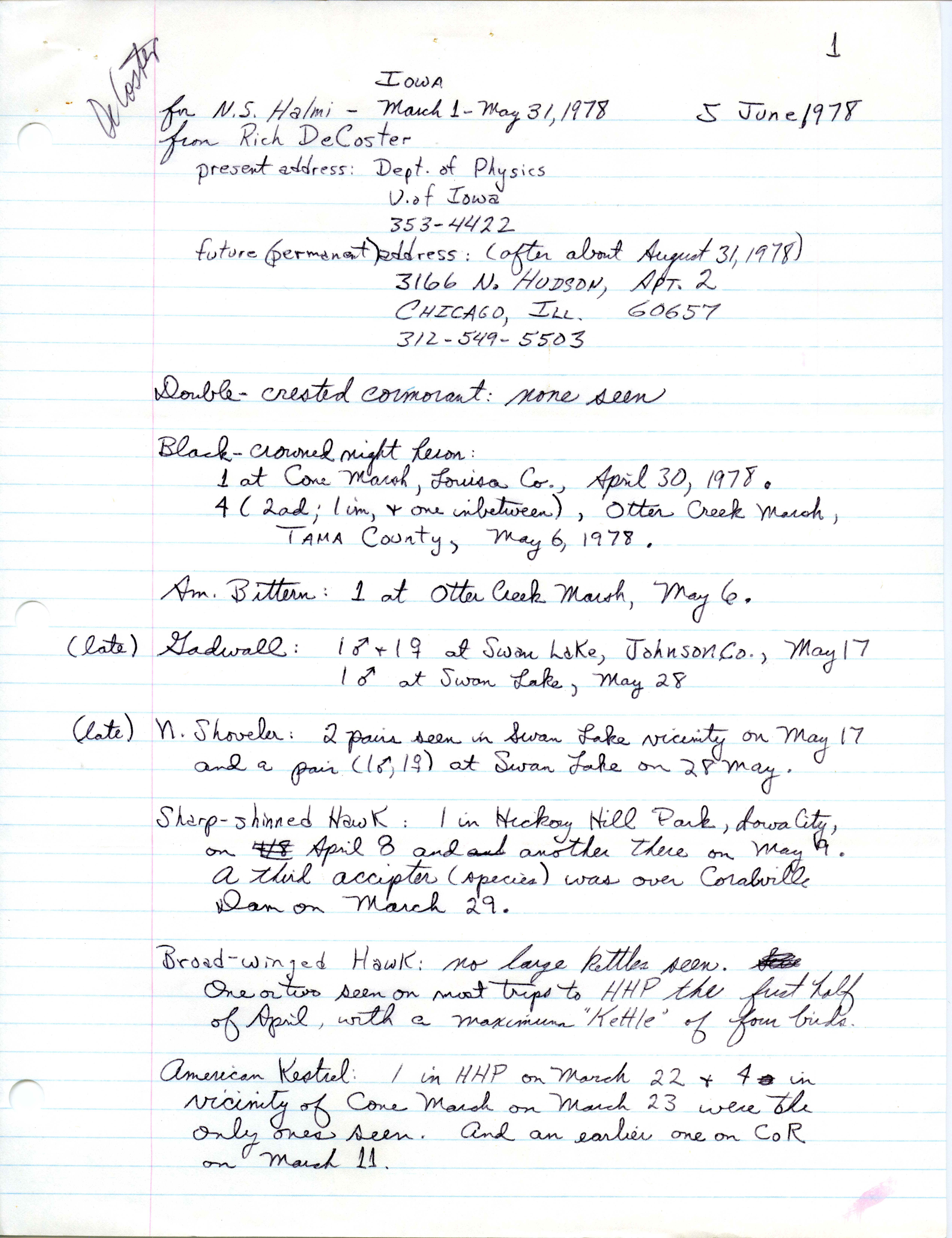 Rich DeCoster letter to Nicholas S. Halmi regarding bird sightings, June 5, 1978