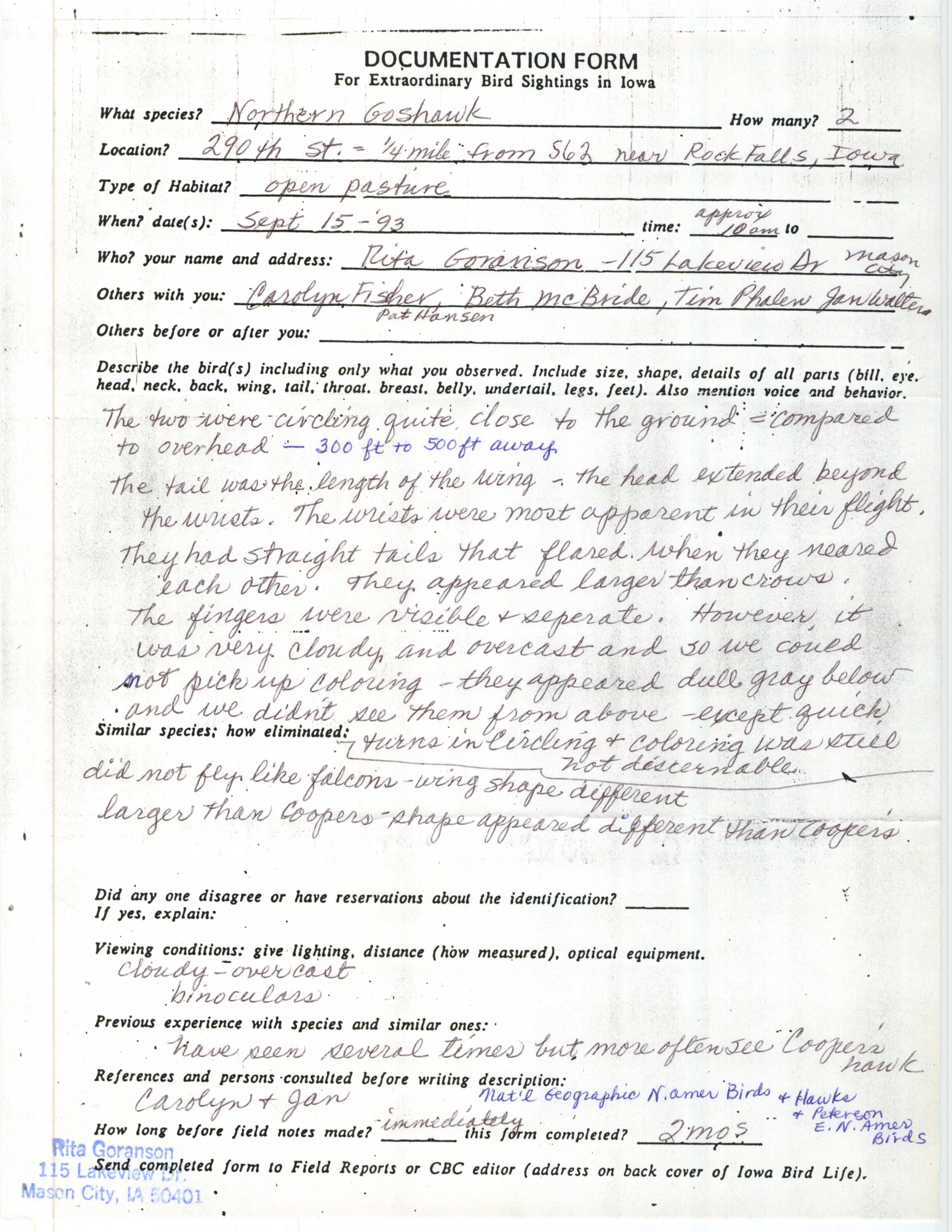 Rare bird documentation form for Northern Goshawk at Rock Falls, 1993