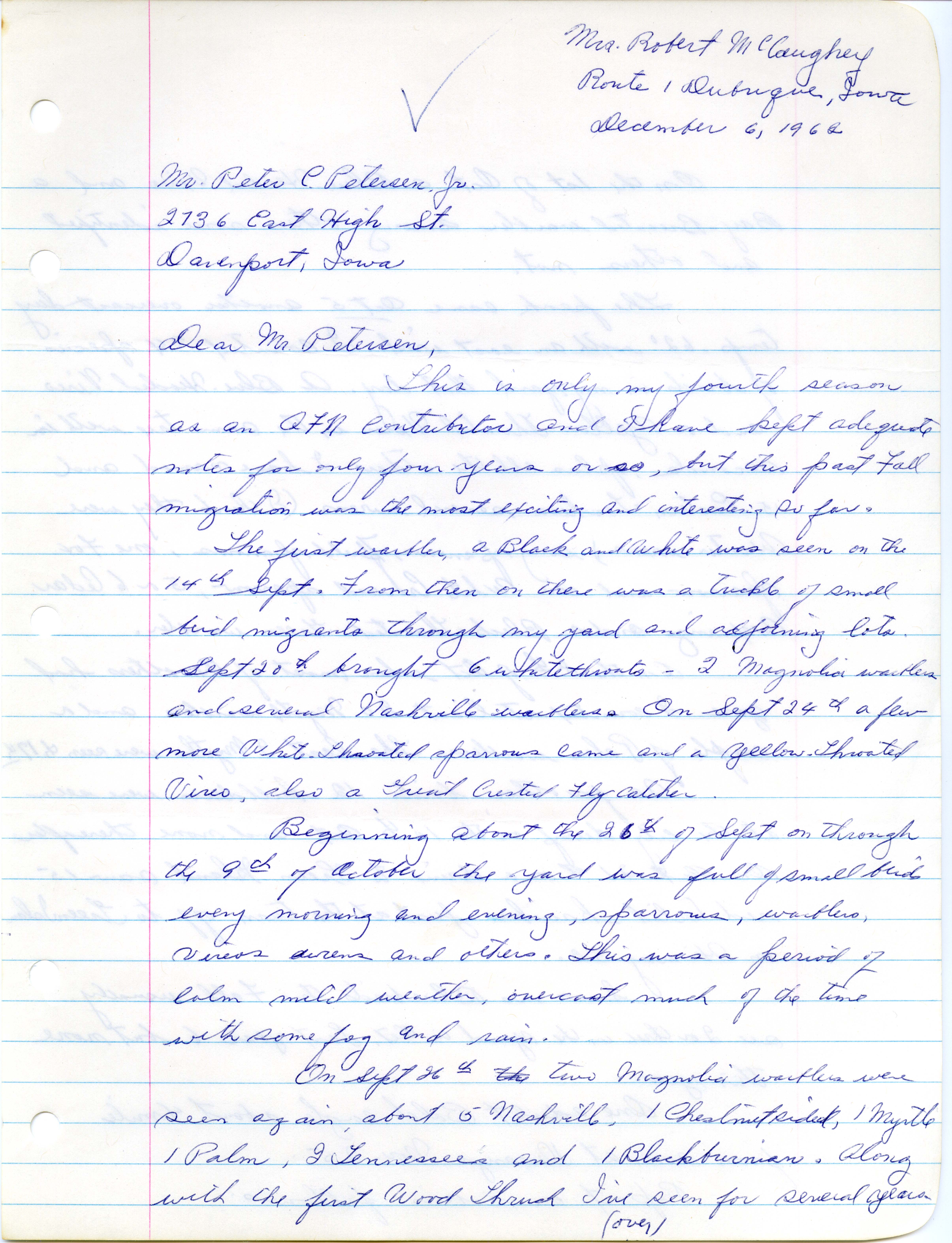 Florence McCaughey letter to Peter C. Petersen regarding 1962 fall migration report, December 6, 1962