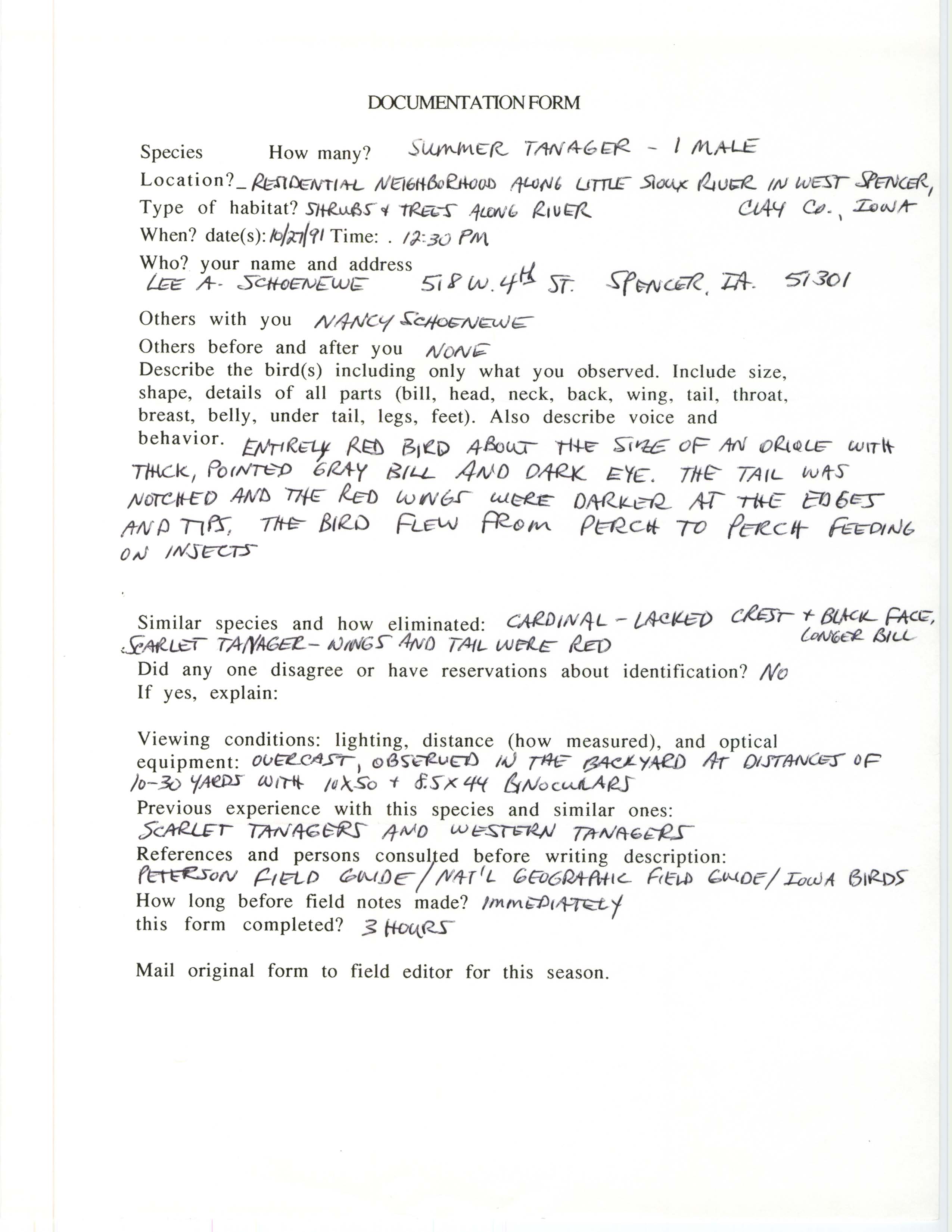 Rare bird documentation form for Summer Tanager at West Spencer, 1991