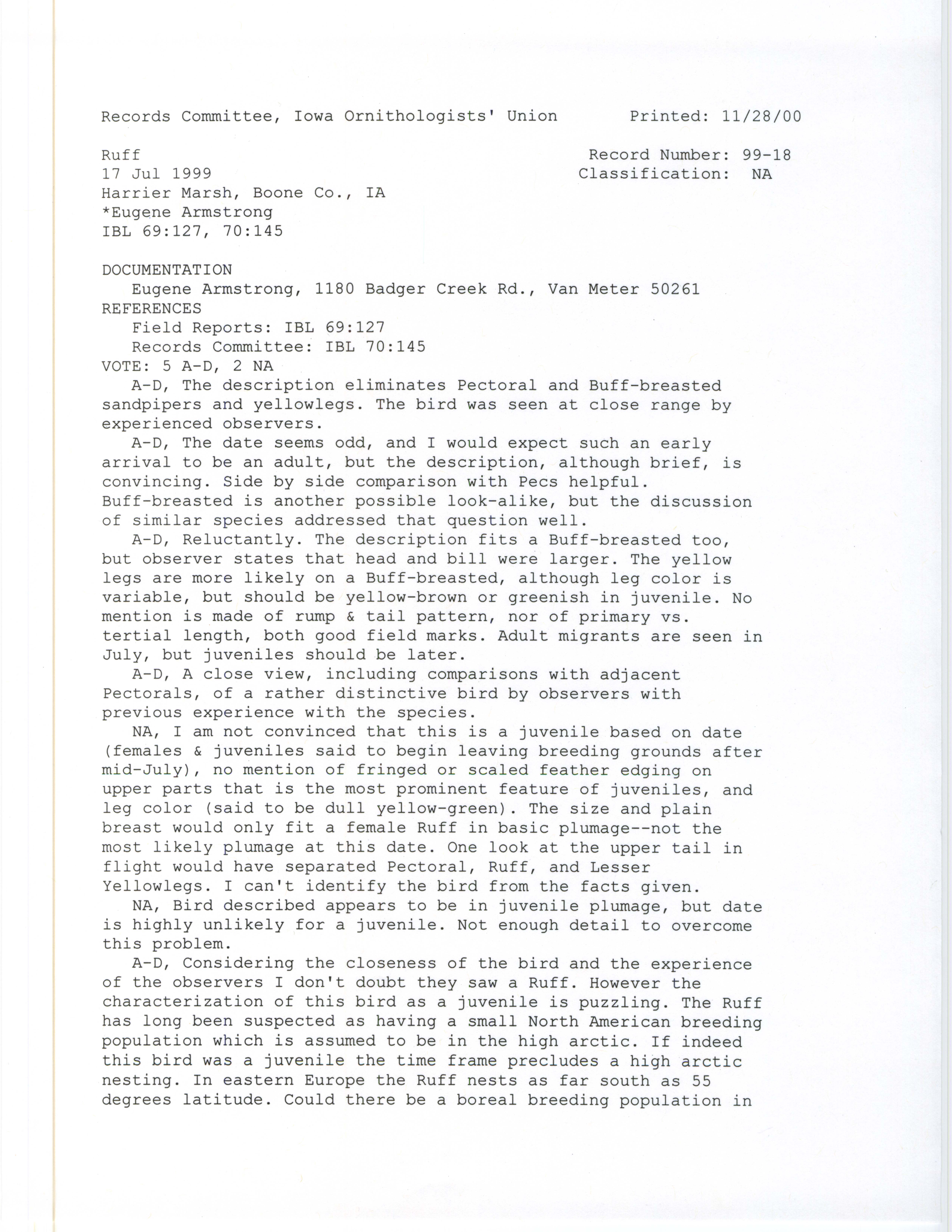 Records Committee review for rare bird sighting of Ruff at Harrier Marsh, 1999