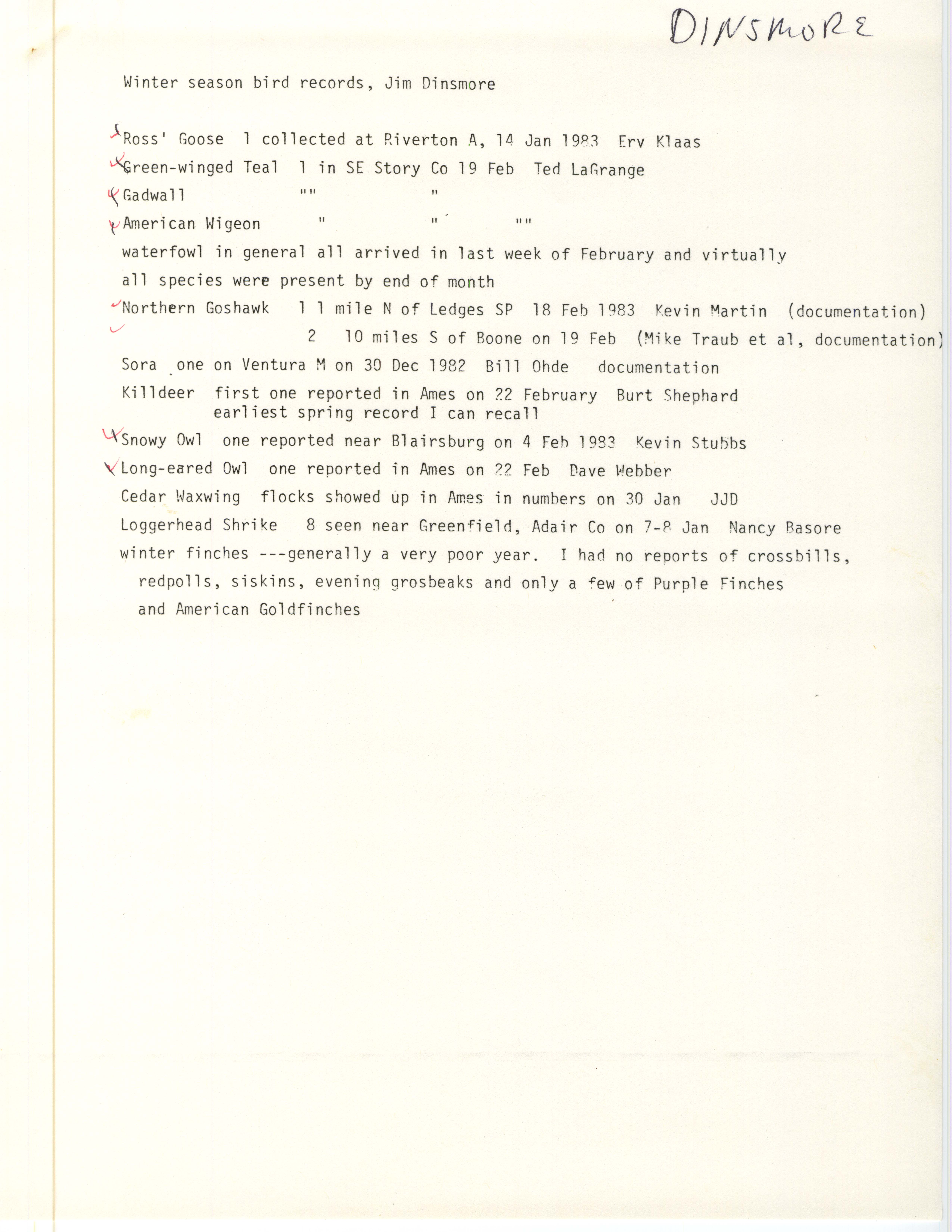 Field notes contributed by James J. Dinsmore, winter 1982-1983