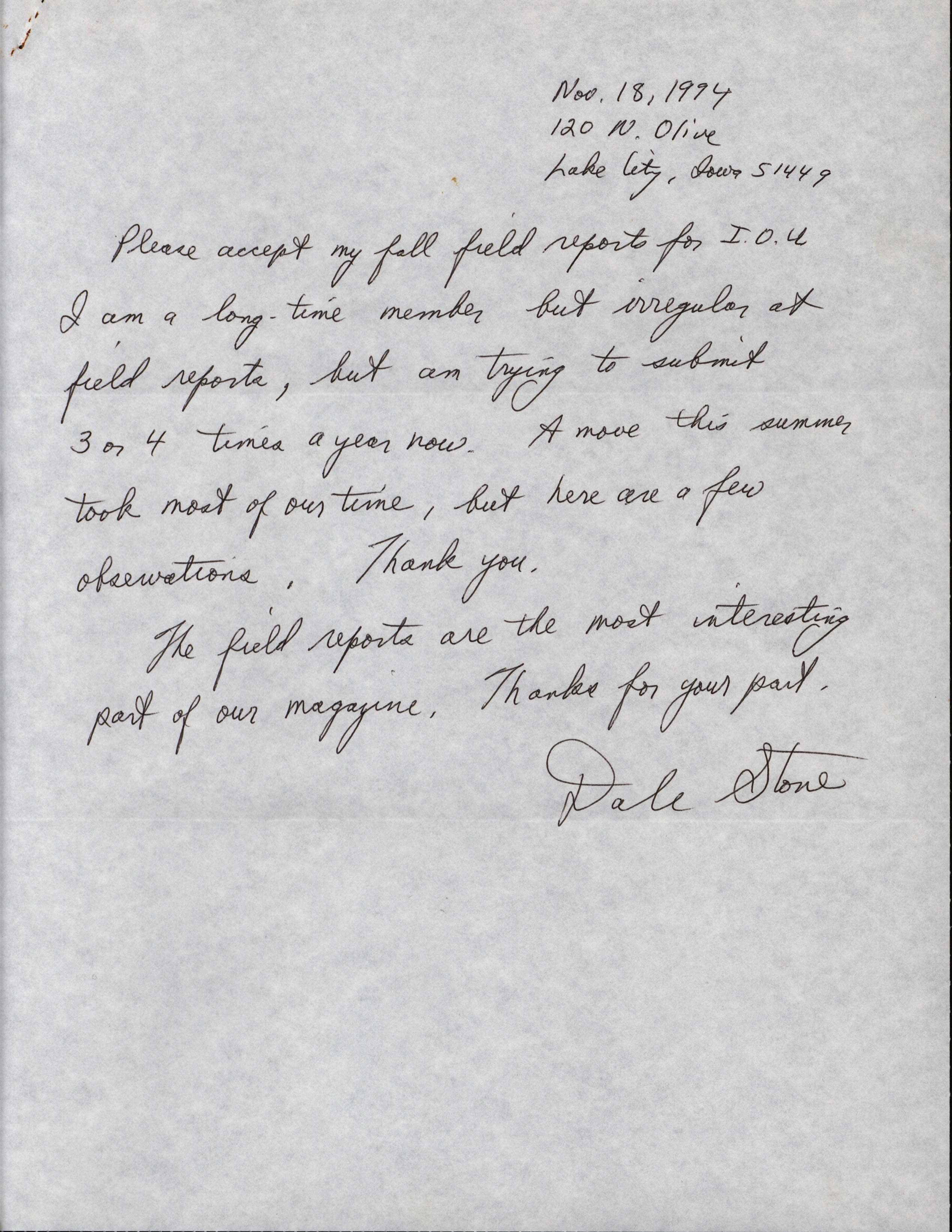 Dale Stone letter to Thomas Kent regarding fall field reports, November 18, 1994