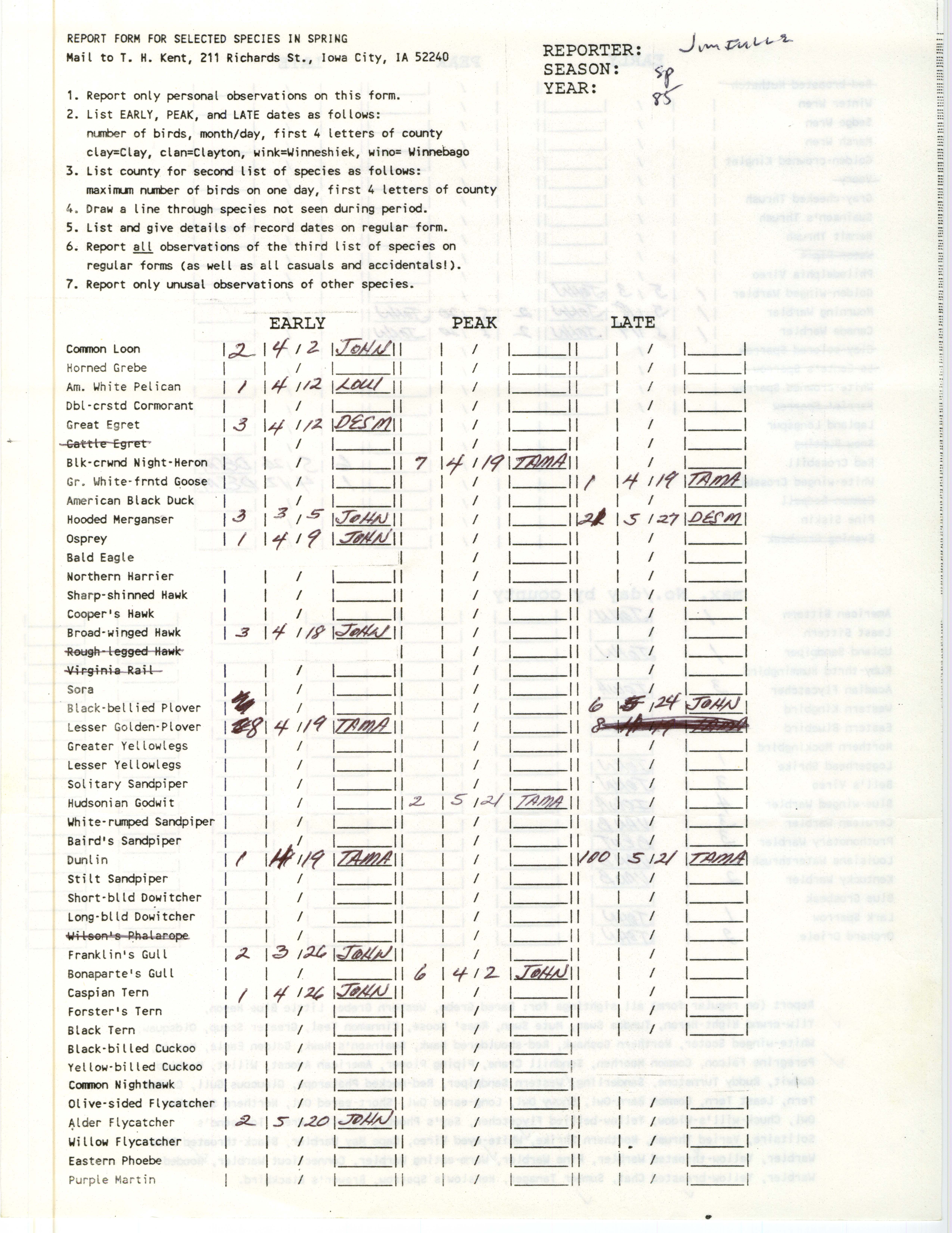 Report form for selected species in spring, contributed by James L. Fuller, spring 1985