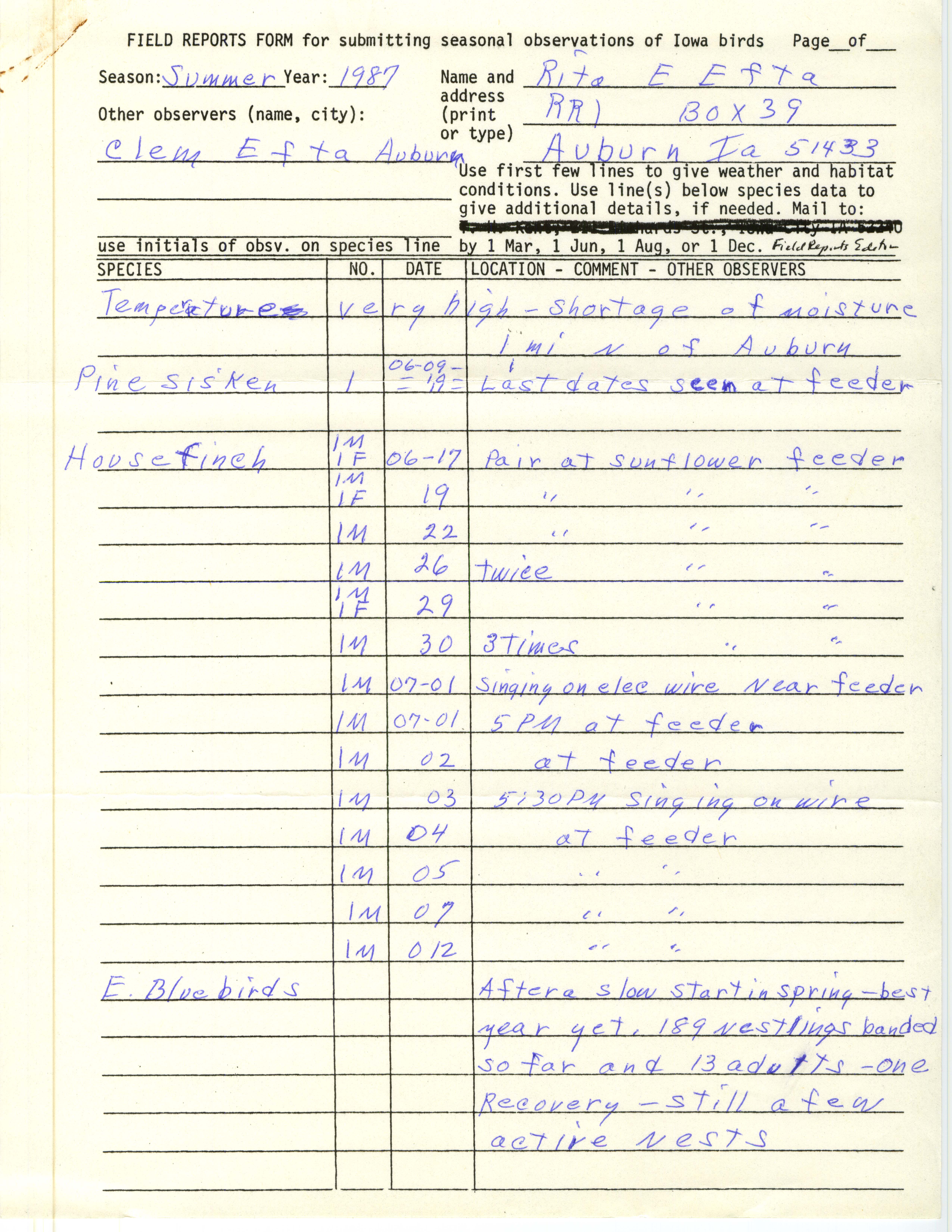 Field reports form for submitting seasonal observations of Iowa birds, Rita E. Efta, summer 1987