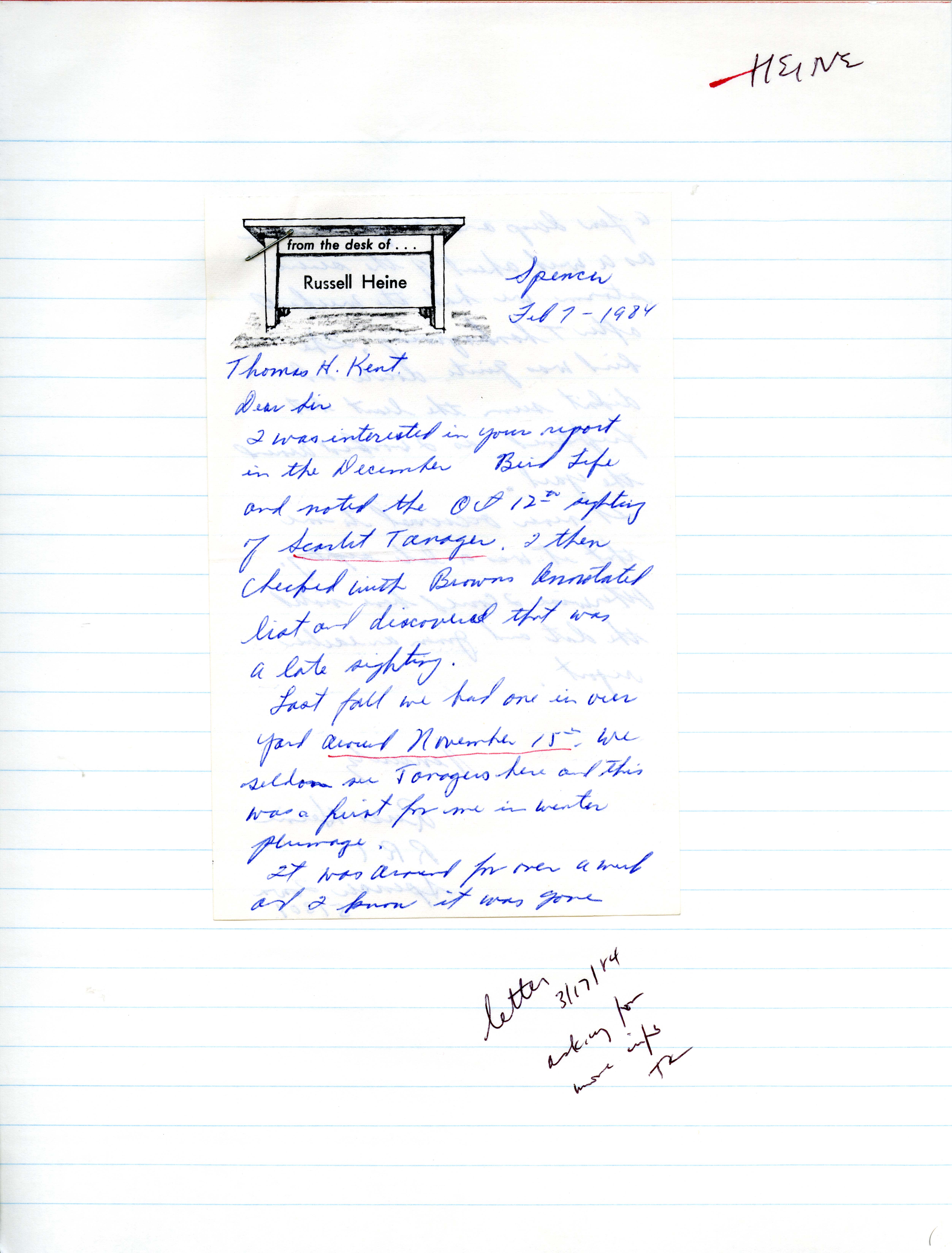 Russell Heine letter to Thomas H. Kent regarding late sighting of a Scarlet Tanager, February 7, 1984