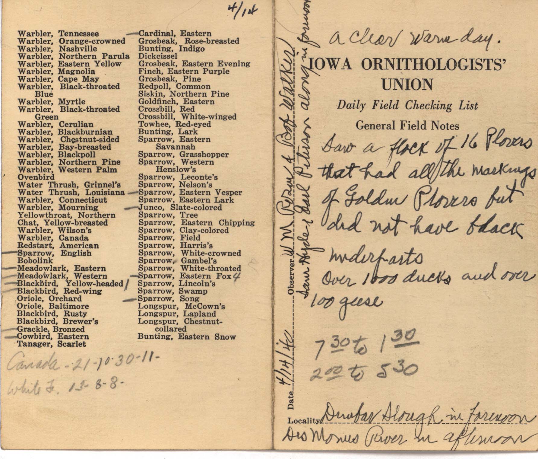 Daily field checking list by Walter Rosene, April 14, 1940